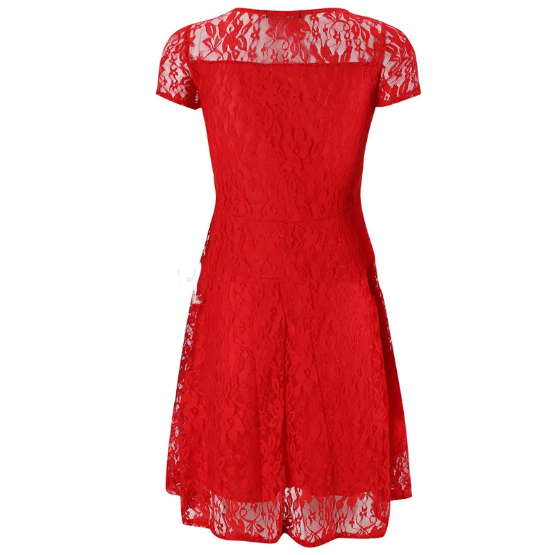 Sexy Women Floral Lace Dress Round Neck Short Sleeve Vintage Lace A-line Dress Patchwork Slim Pleated Swing Cocktail Party Dress