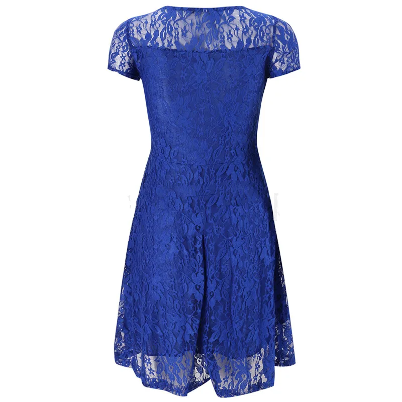 Sexy Women Floral Lace Dress Round Neck Short Sleeve Vintage Lace A-line Dress Patchwork Slim Pleated Swing Cocktail Party Dress