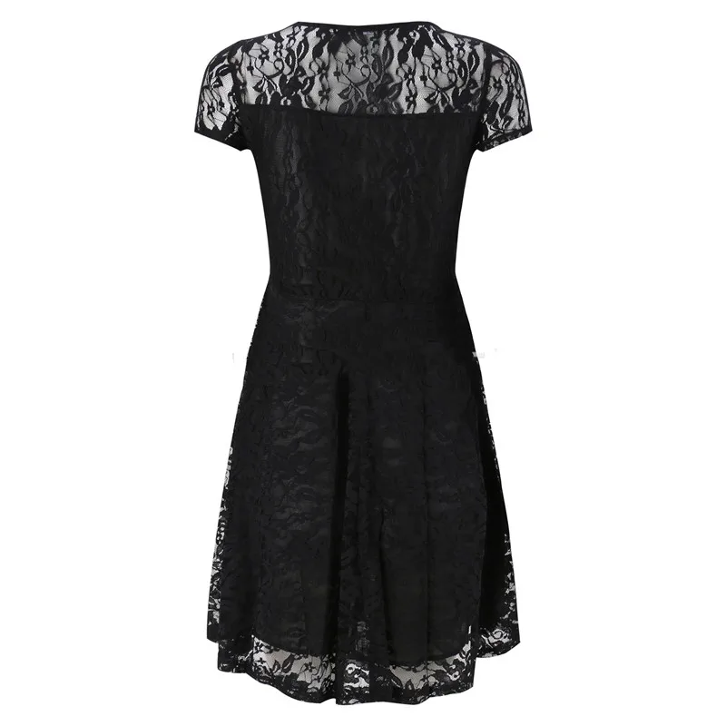 Sexy Women Floral Lace Dress Round Neck Short Sleeve Vintage Lace A-line Dress Patchwork Slim Pleated Swing Cocktail Party Dress