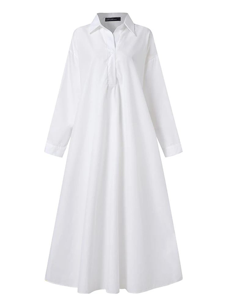 ZANZEA Women's Dress Autumn Long Sleeve Shirt Dress Loose Oversized Maxi Kaftan Woman Lapel Solid Half-Button A-line Sundress