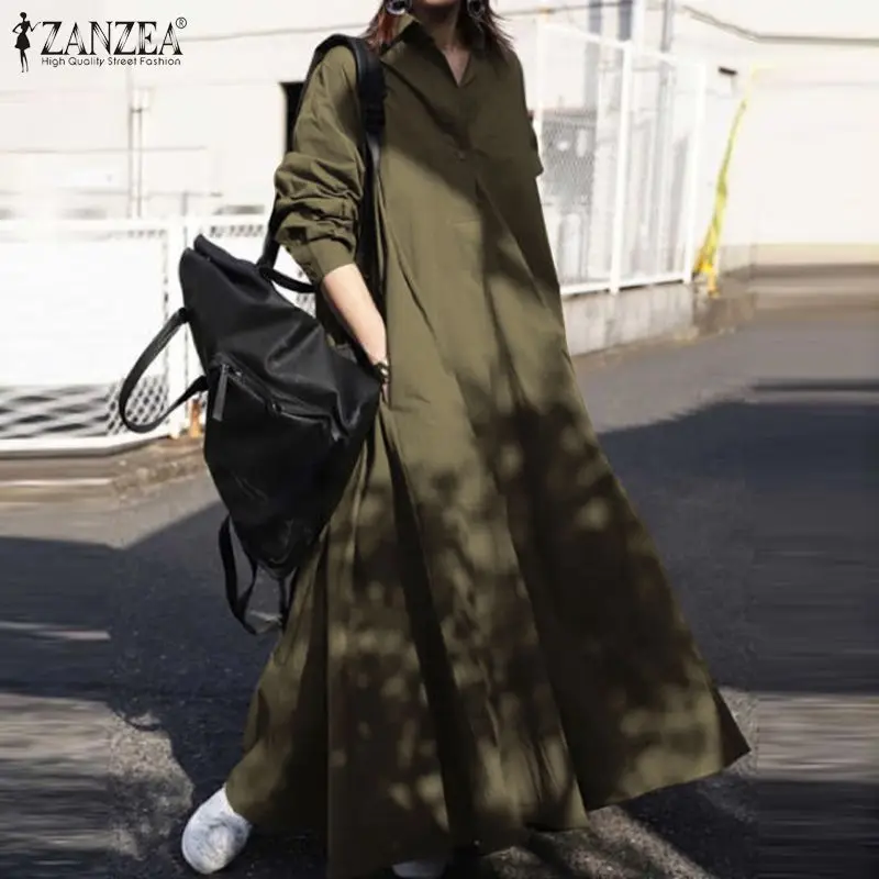 ZANZEA Women's Dress Autumn Long Sleeve Shirt Dress Loose Oversized Maxi Kaftan Woman Lapel Solid Half-Button A-line Sundress