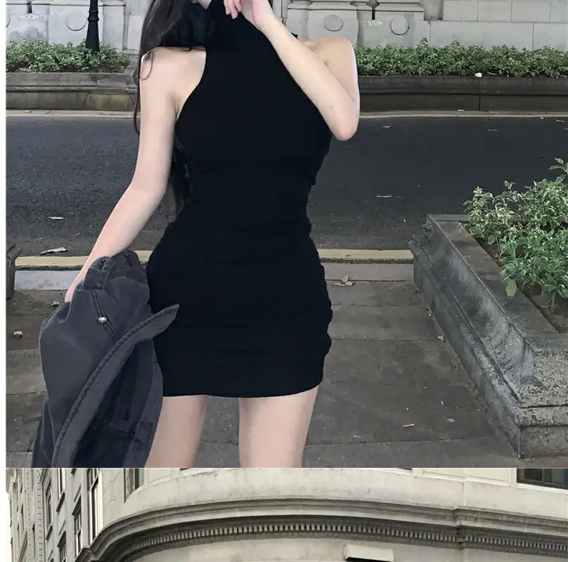 Summer Sexy High Neck Tight Dress Oversleeve Pleated Bottom Wrapped Hip Dress Women Bodycon