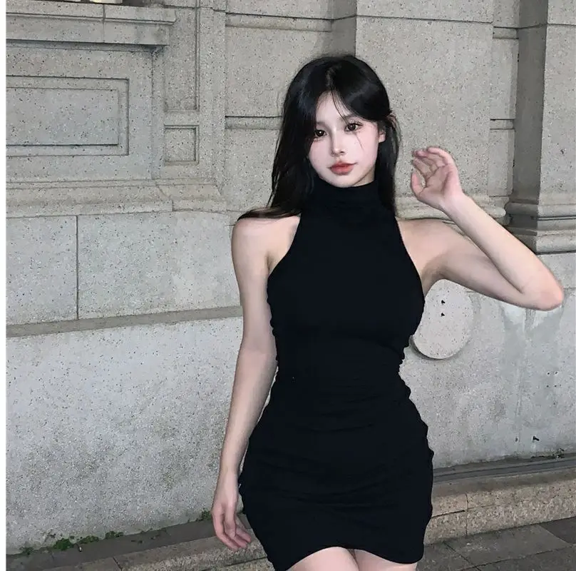Summer Sexy High Neck Tight Dress Oversleeve Pleated Bottom Wrapped Hip Dress Women Bodycon
