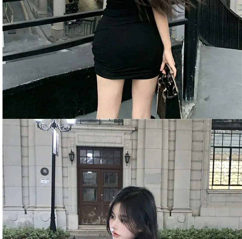 Summer Sexy High Neck Tight Dress Oversleeve Pleated Bottom Wrapped Hip Dress Women Bodycon