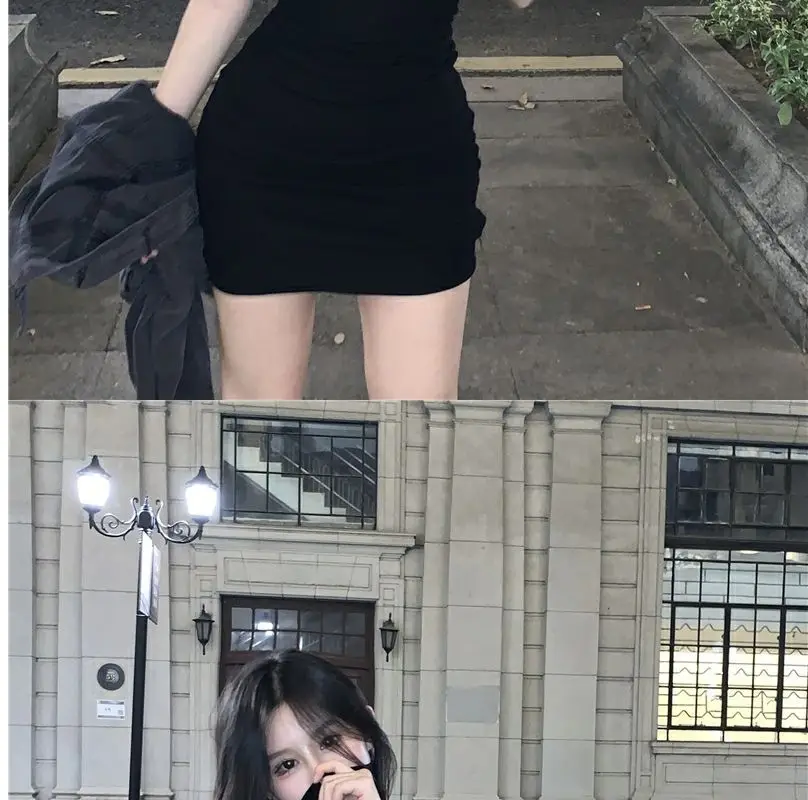 Summer Sexy High Neck Tight Dress Oversleeve Pleated Bottom Wrapped Hip Dress Women Bodycon