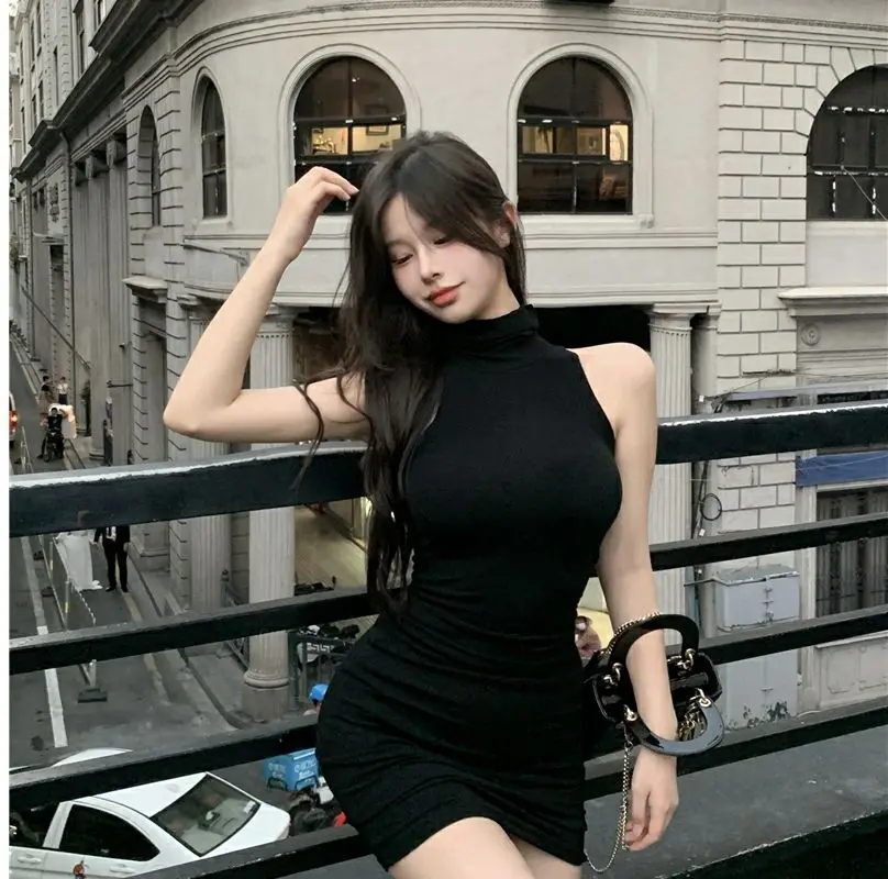 Summer Sexy High Neck Tight Dress Oversleeve Pleated Bottom Wrapped Hip Dress Women Bodycon
