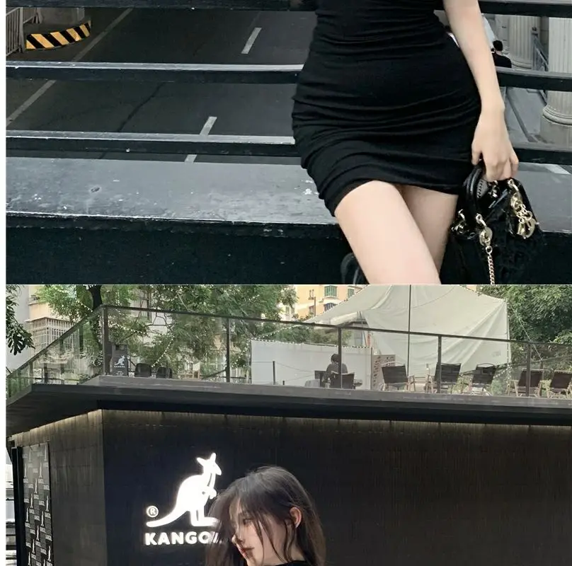 Summer Sexy High Neck Tight Dress Oversleeve Pleated Bottom Wrapped Hip Dress Women Bodycon