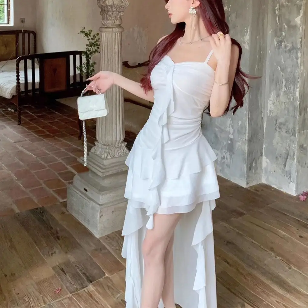 Fashion Sexy Spaghetti Strap Ruffle Irregular Bodycon Party Club Evening Dress Women Mesh Suspender Spring Summer Holiday Beach