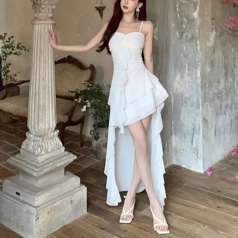 Fashion Sexy Spaghetti Strap Ruffle Irregular Bodycon Party Club Evening Dress Women Mesh Suspender Spring Summer Holiday Beach