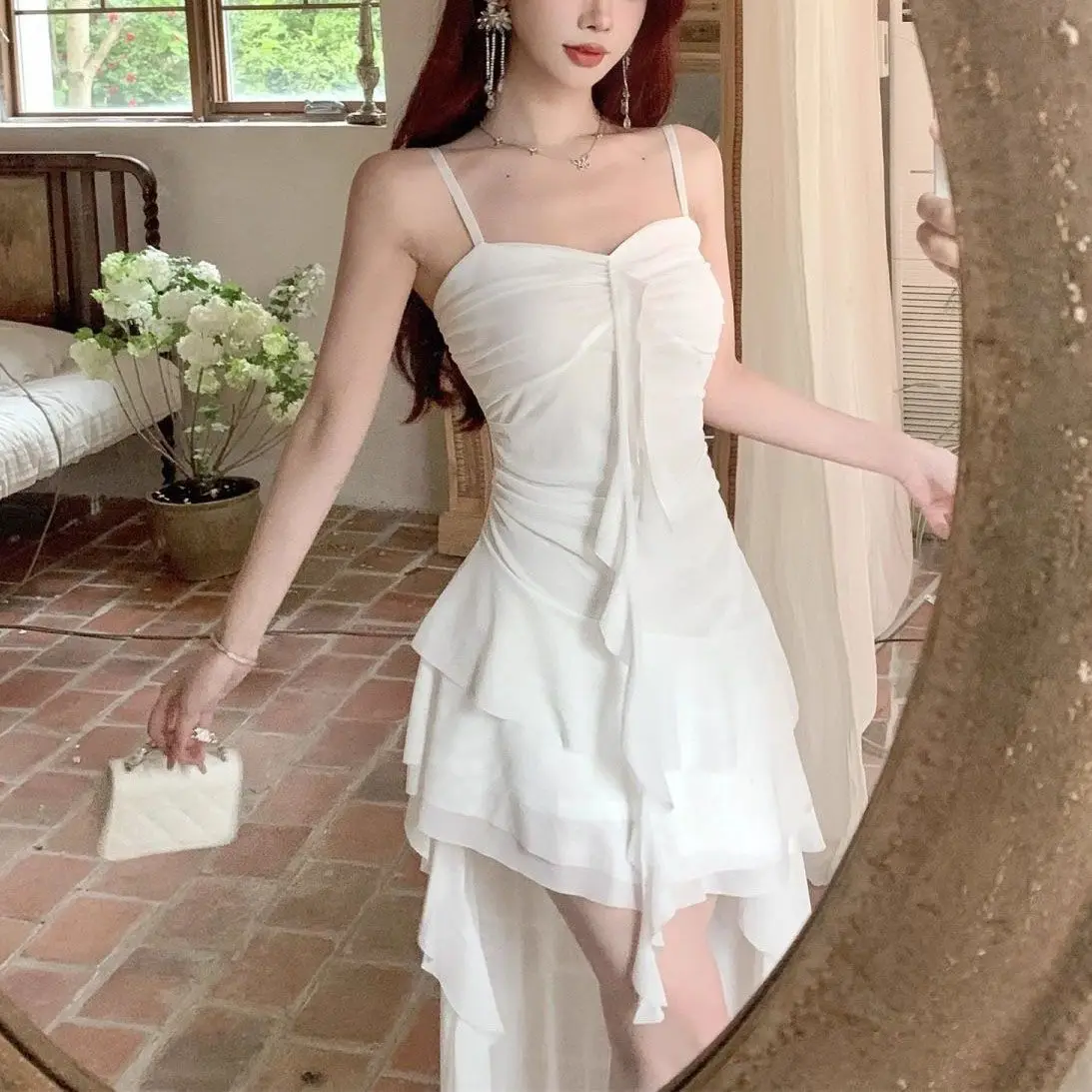 Fashion Sexy Spaghetti Strap Ruffle Irregular Bodycon Party Club Evening Dress Women Mesh Suspender Spring Summer Holiday Beach