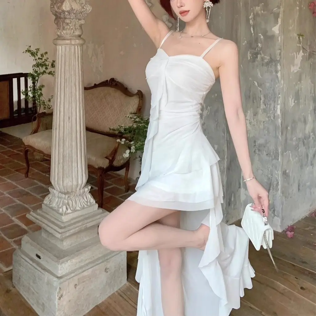 Fashion Sexy Spaghetti Strap Ruffle Irregular Bodycon Party Club Evening Dress Women Mesh Suspender Spring Summer Holiday Beach