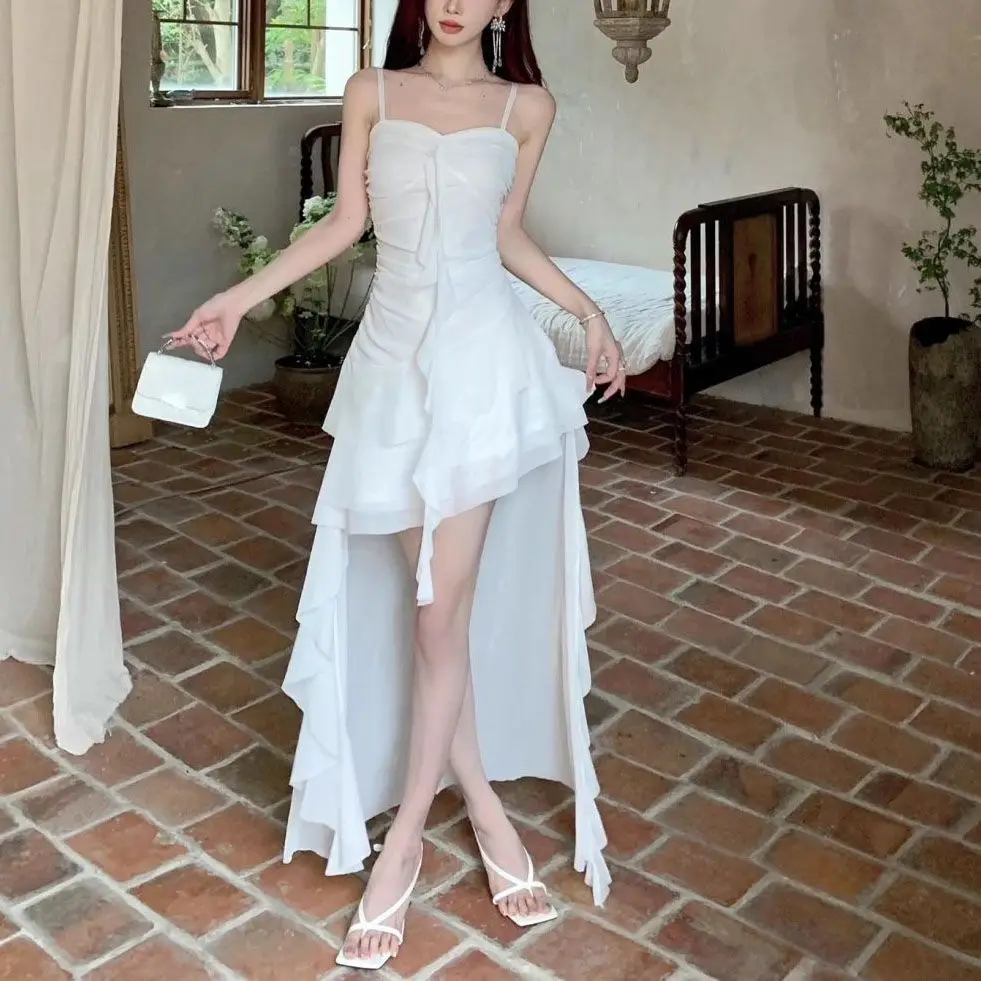 Fashion Sexy Spaghetti Strap Ruffle Irregular Bodycon Party Club Evening Dress Women Mesh Suspender Spring Summer Holiday Beach