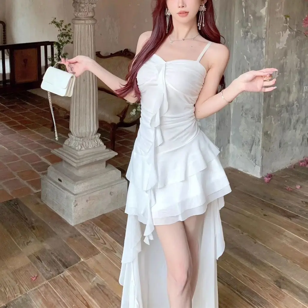 Fashion Sexy Spaghetti Strap Ruffle Irregular Bodycon Party Club Evening Dress Women Mesh Suspender Spring Summer Holiday Beach