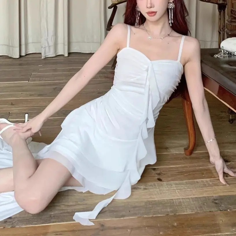 Fashion Sexy Spaghetti Strap Ruffle Irregular Bodycon Party Club Evening Dress Women Mesh Suspender Spring Summer Holiday Beach