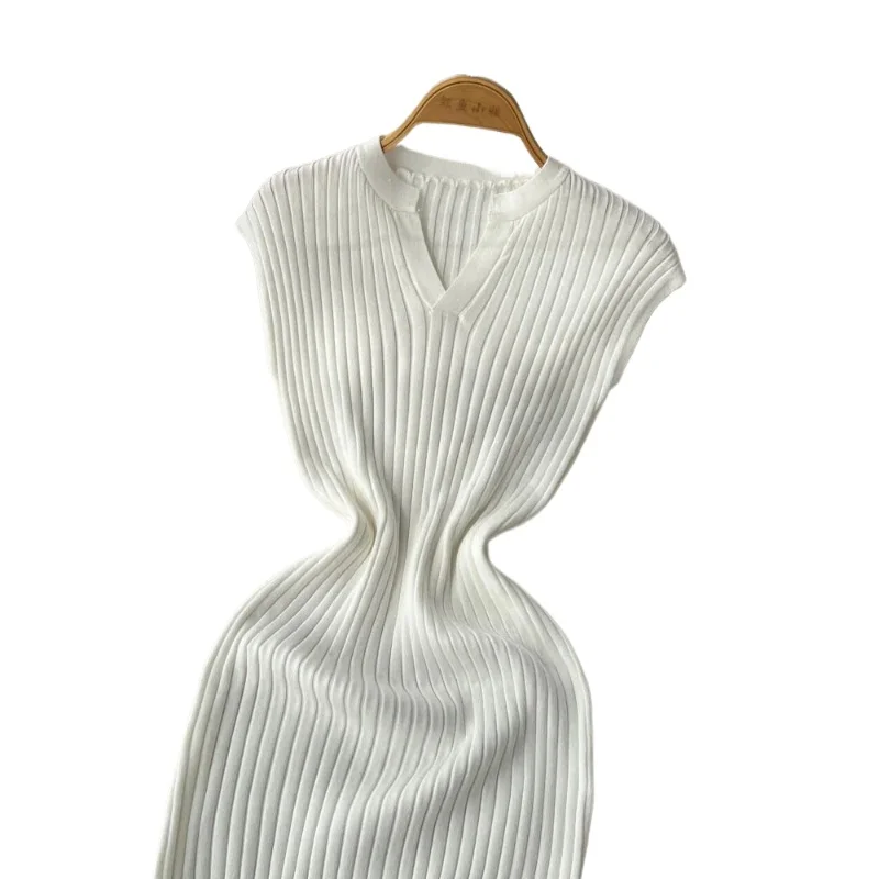 Women's White V-Neck Sleeveless Elastic Sundress Knit Bodycon Maxi Dress Solid Side Slit Casual Summer Daily Party Long Dress