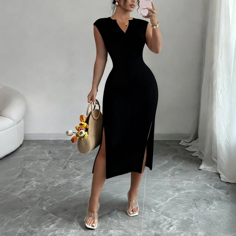 Women's White V-Neck Sleeveless Elastic Sundress Knit Bodycon Maxi Dress Solid Side Slit Casual Summer Daily Party Long Dress