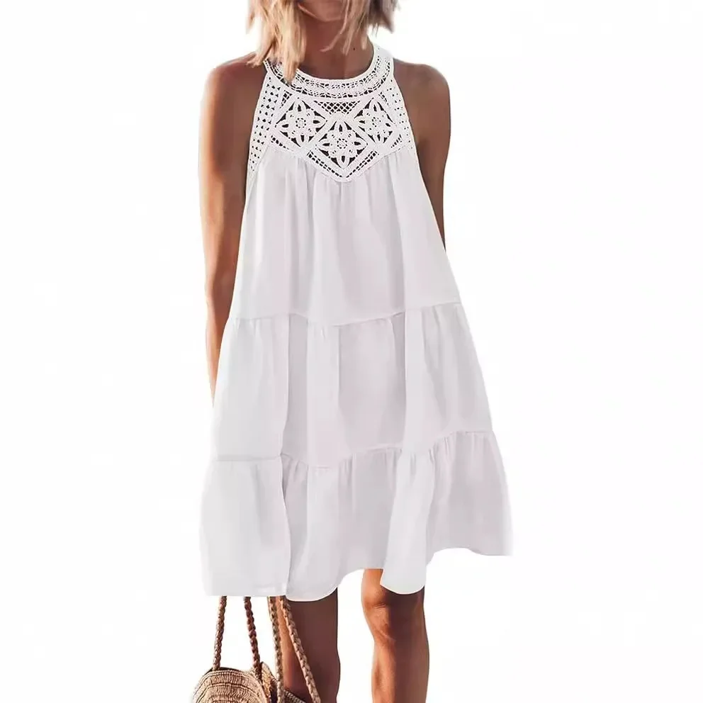 Women Summer Beach Mini Dresses Halter Sleeveless Sexy Loose A-Line Hollow Out Lace White Bohemia Dress Pleated Solid Sundress