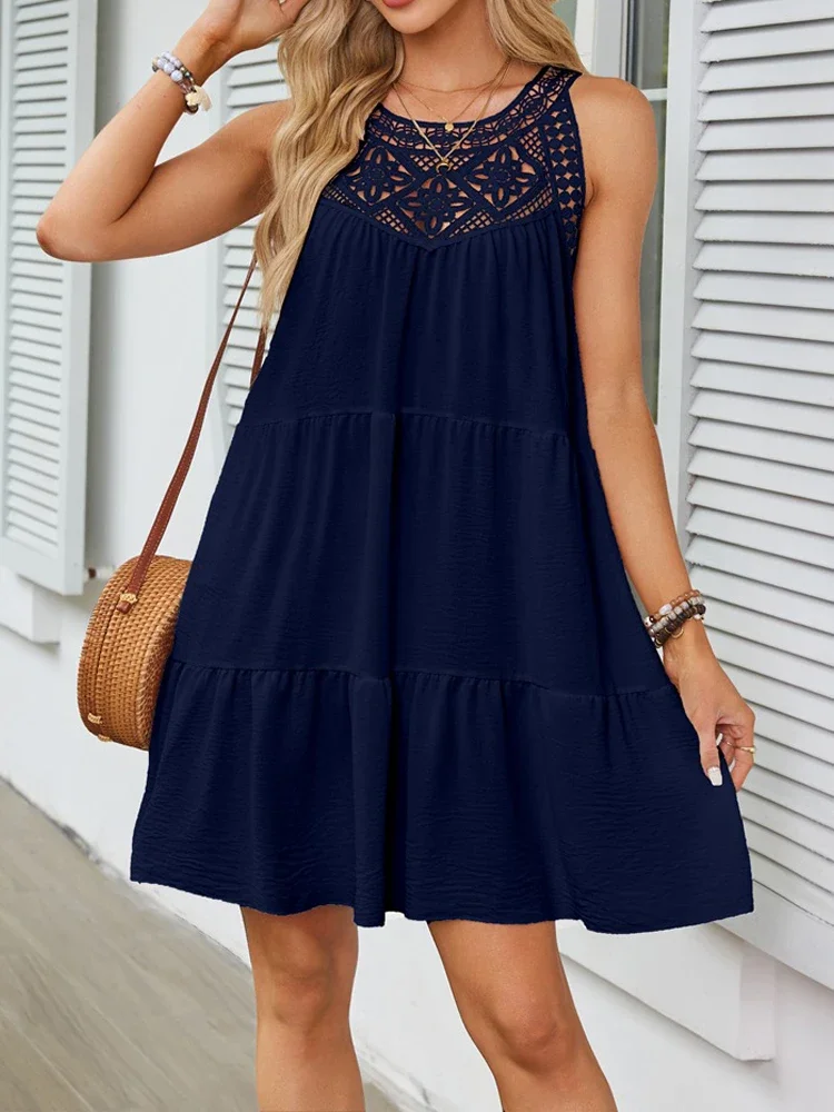 Women Summer Beach Mini Dresses Halter Sleeveless Sexy Loose A-Line Hollow Out Lace White Bohemia Dress Pleated Solid Sundress