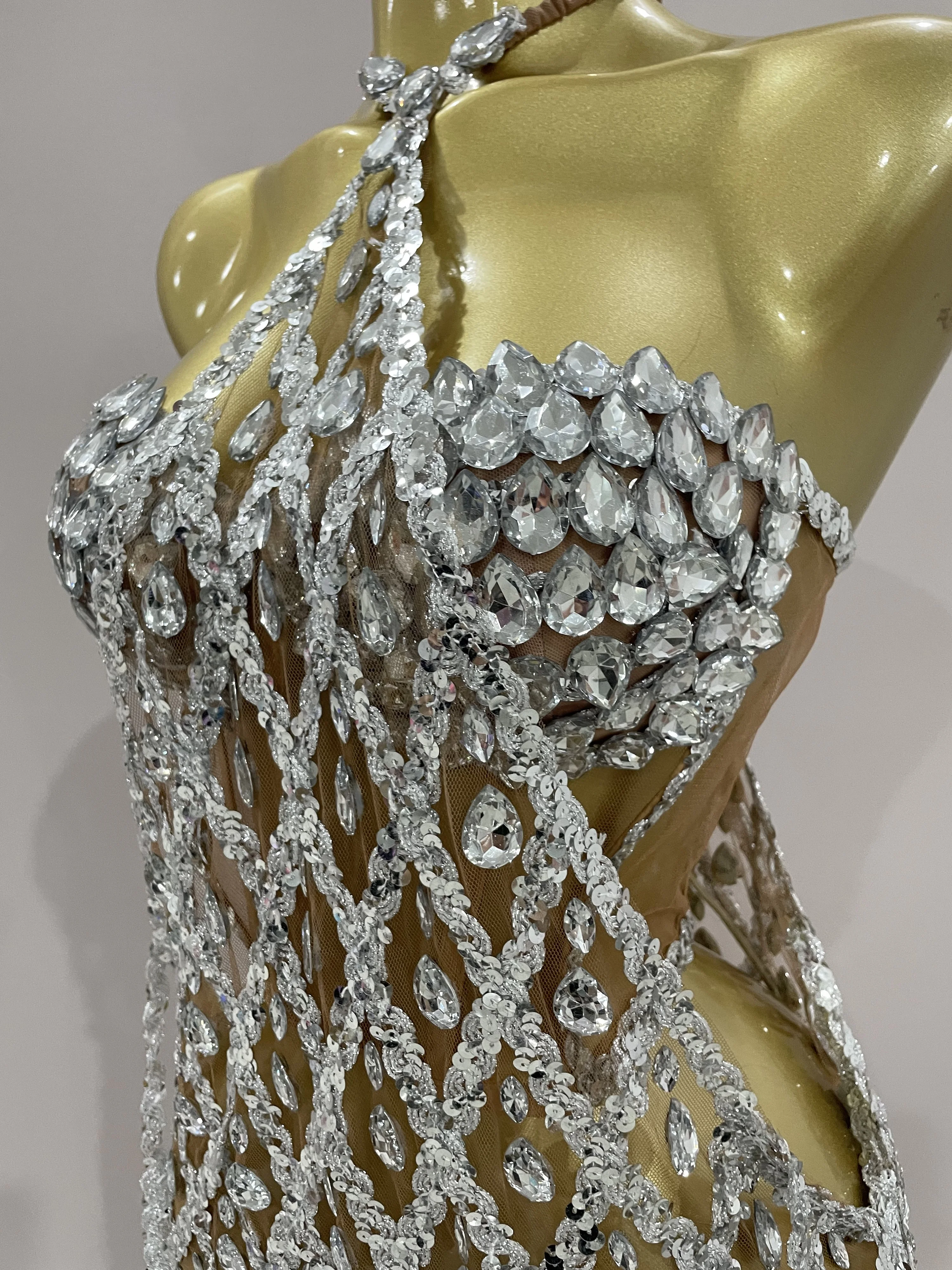 Sexy Sparkly Sequin Diamond Mesh Transparent Two Piece Set Women Celebrate Evening Party Birthday Dress Stage Photo Shoot Wear