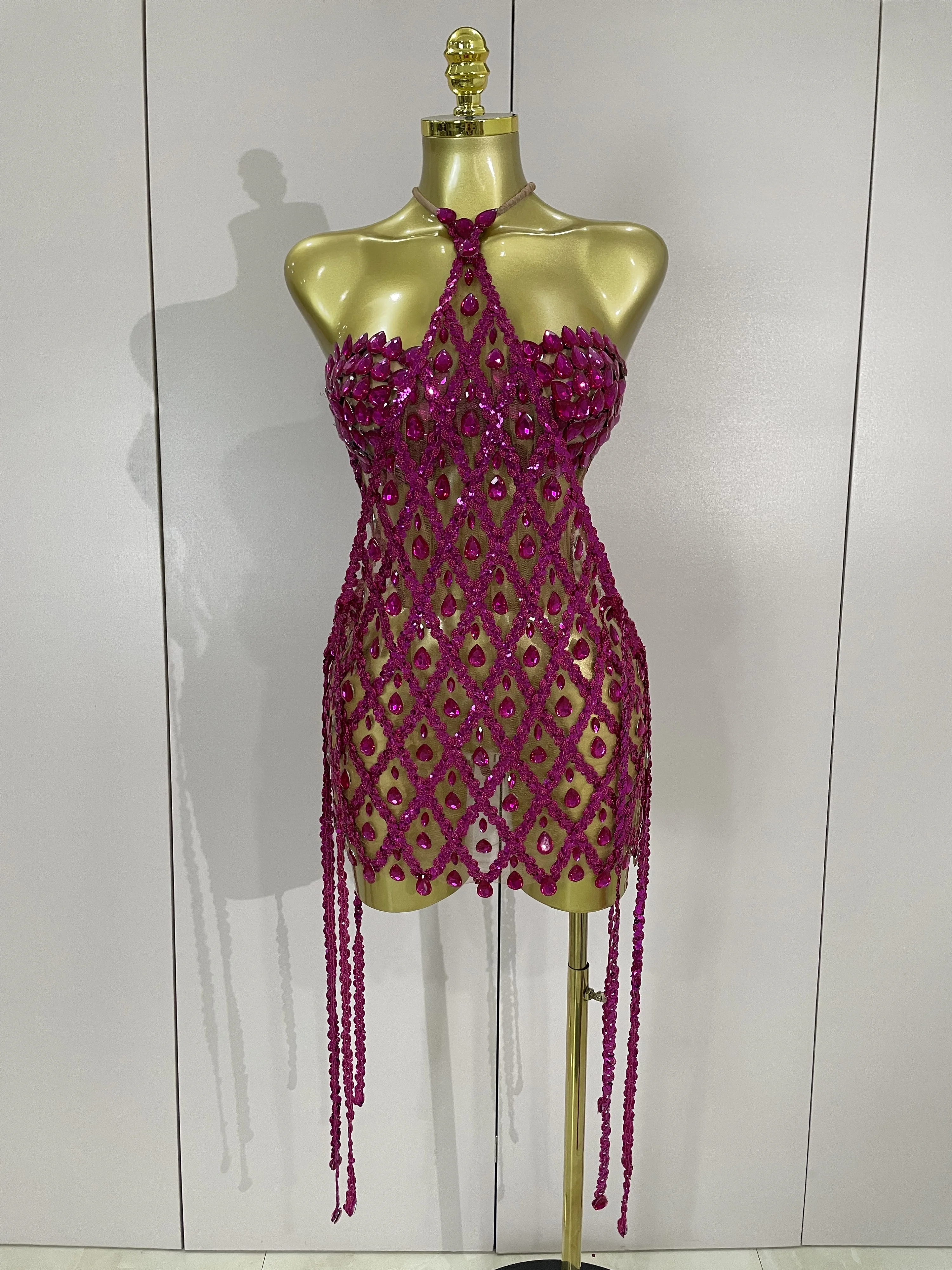 Sexy Sparkly Sequin Diamond Mesh Transparent Two Piece Set Women Celebrate Evening Party Birthday Dress Stage Photo Shoot Wear