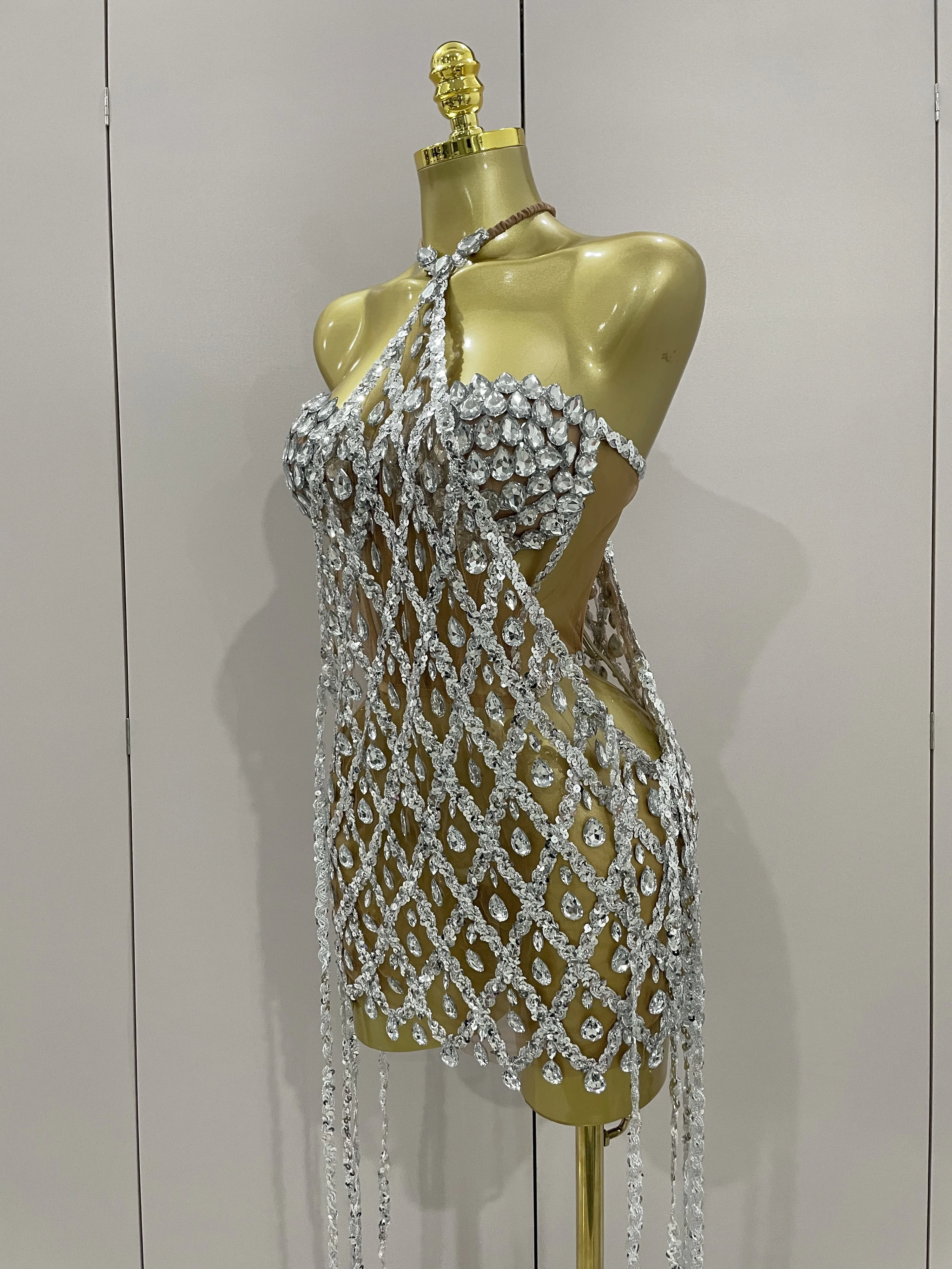 Sexy Sparkly Sequin Diamond Mesh Transparent Two Piece Set Women Celebrate Evening Party Birthday Dress Stage Photo Shoot Wear