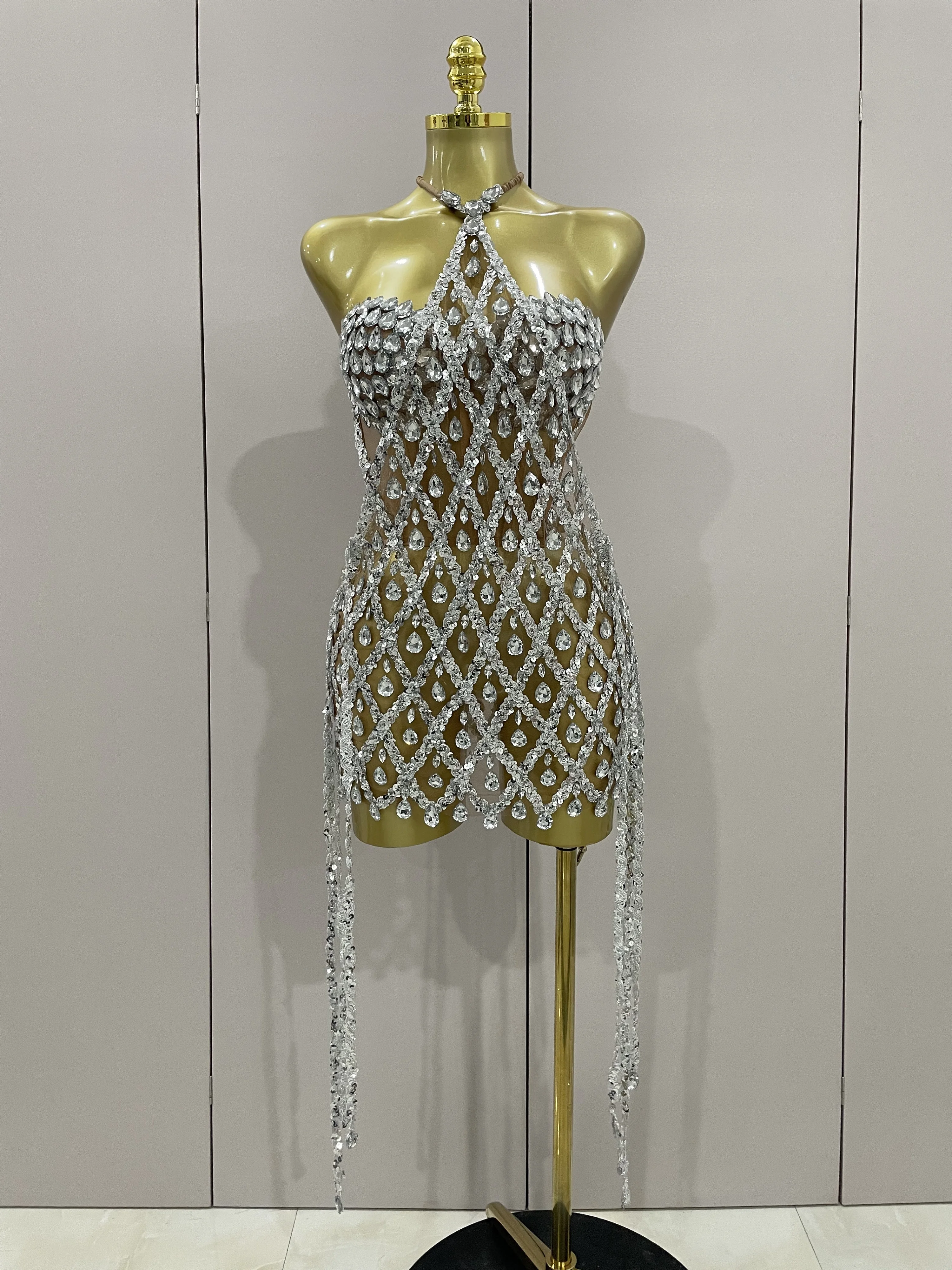Sexy Sparkly Sequin Diamond Mesh Transparent Two Piece Set Women Celebrate Evening Party Birthday Dress Stage Photo Shoot Wear