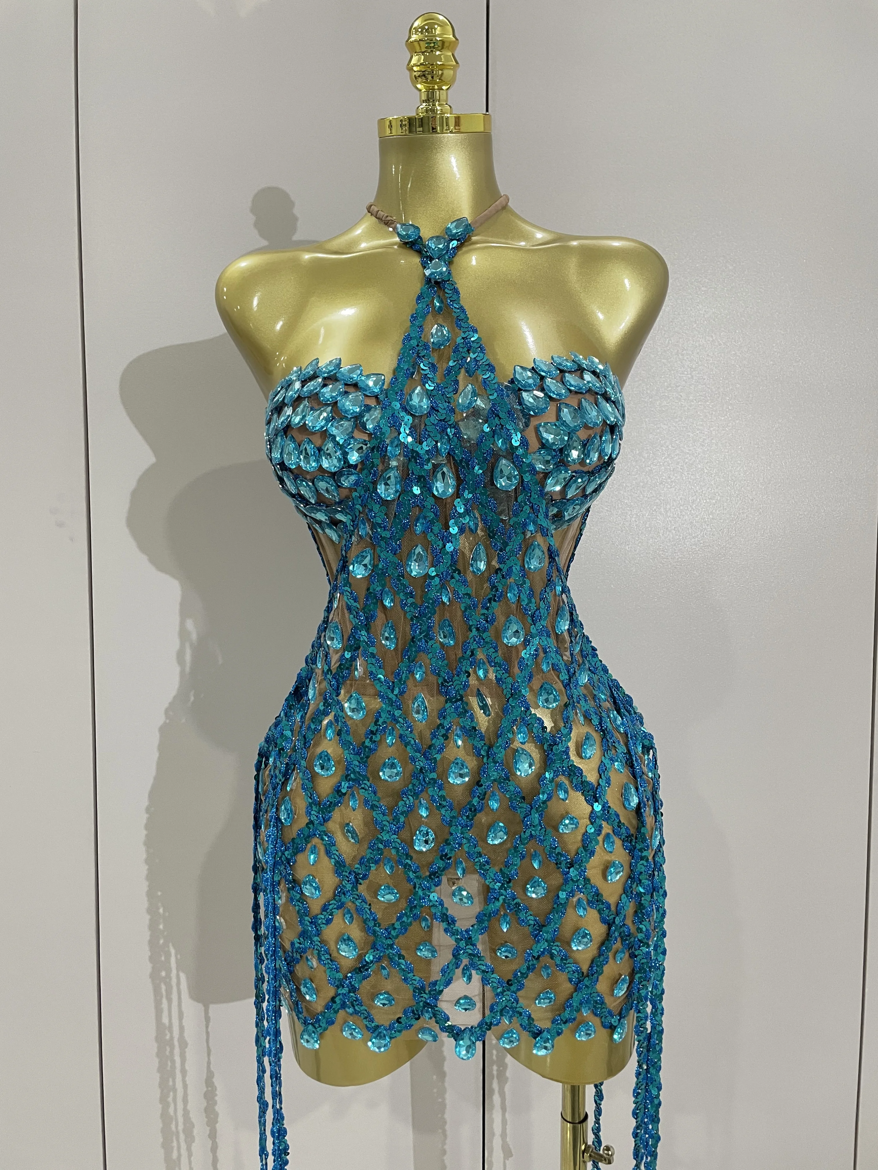 Sexy Sparkly Sequin Diamond Mesh Transparent Two Piece Set Women Celebrate Evening Party Birthday Dress Stage Photo Shoot Wear