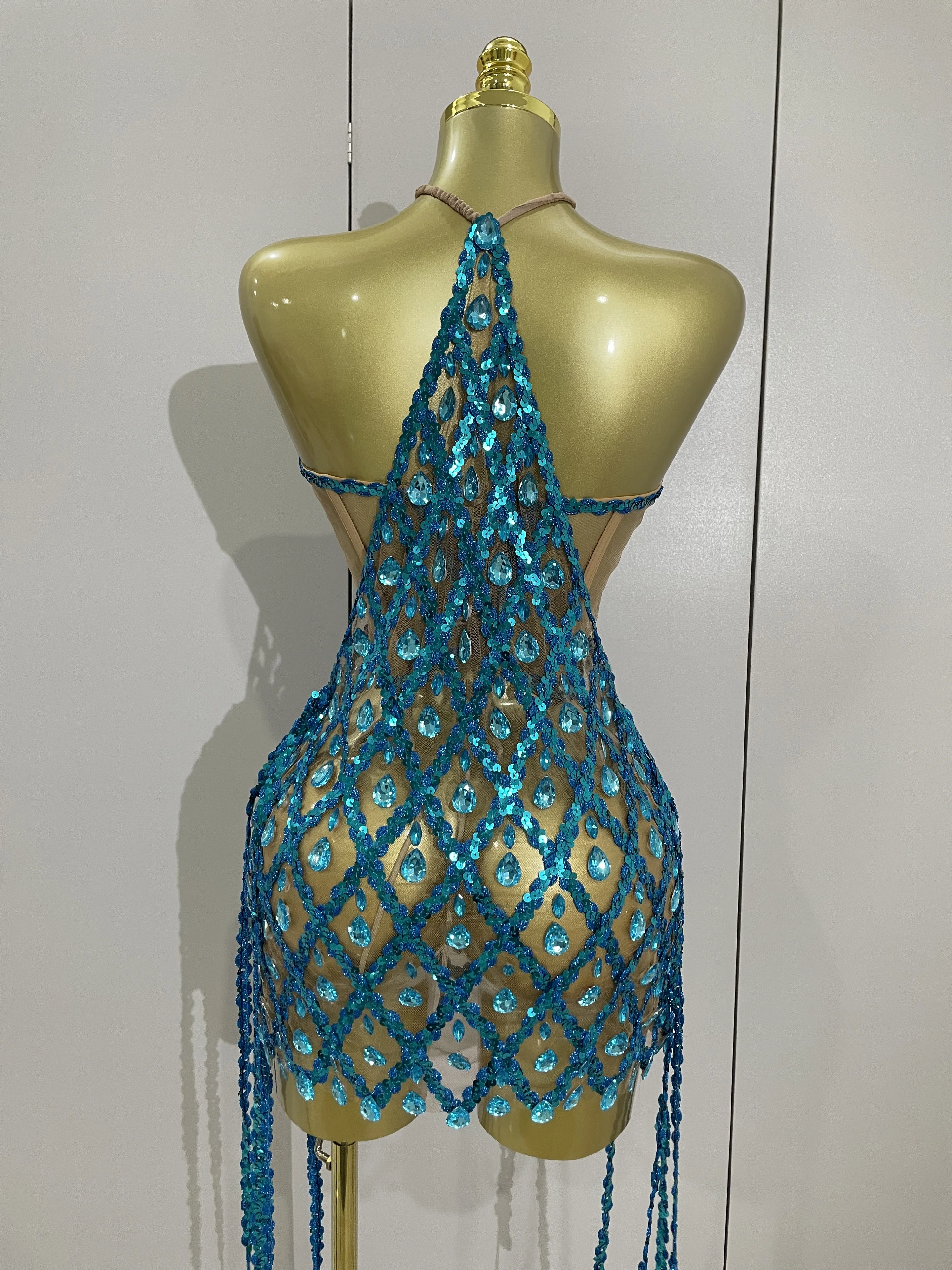 Sexy Sparkly Sequin Diamond Mesh Transparent Two Piece Set Women Celebrate Evening Party Birthday Dress Stage Photo Shoot Wear