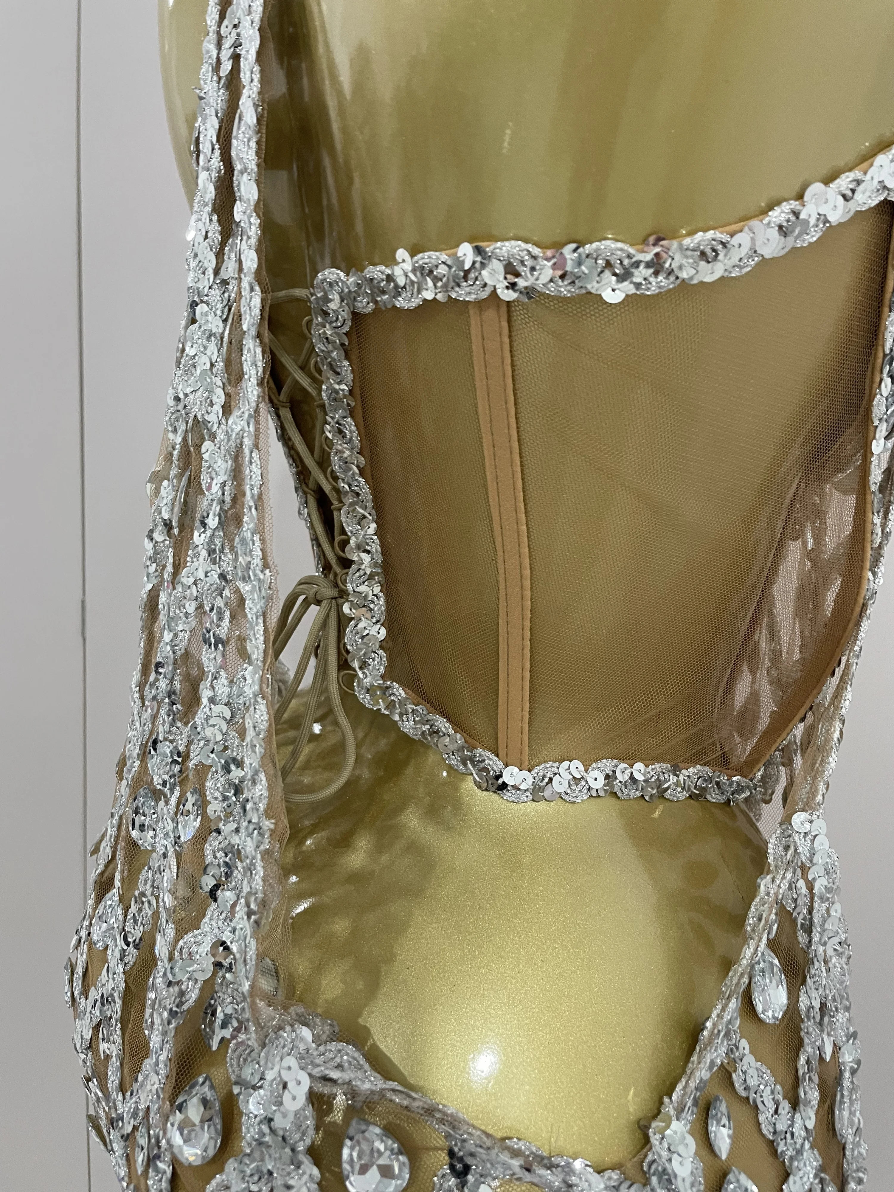 Sexy Sparkly Sequin Diamond Mesh Transparent Two Piece Set Women Celebrate Evening Party Birthday Dress Stage Photo Shoot Wear