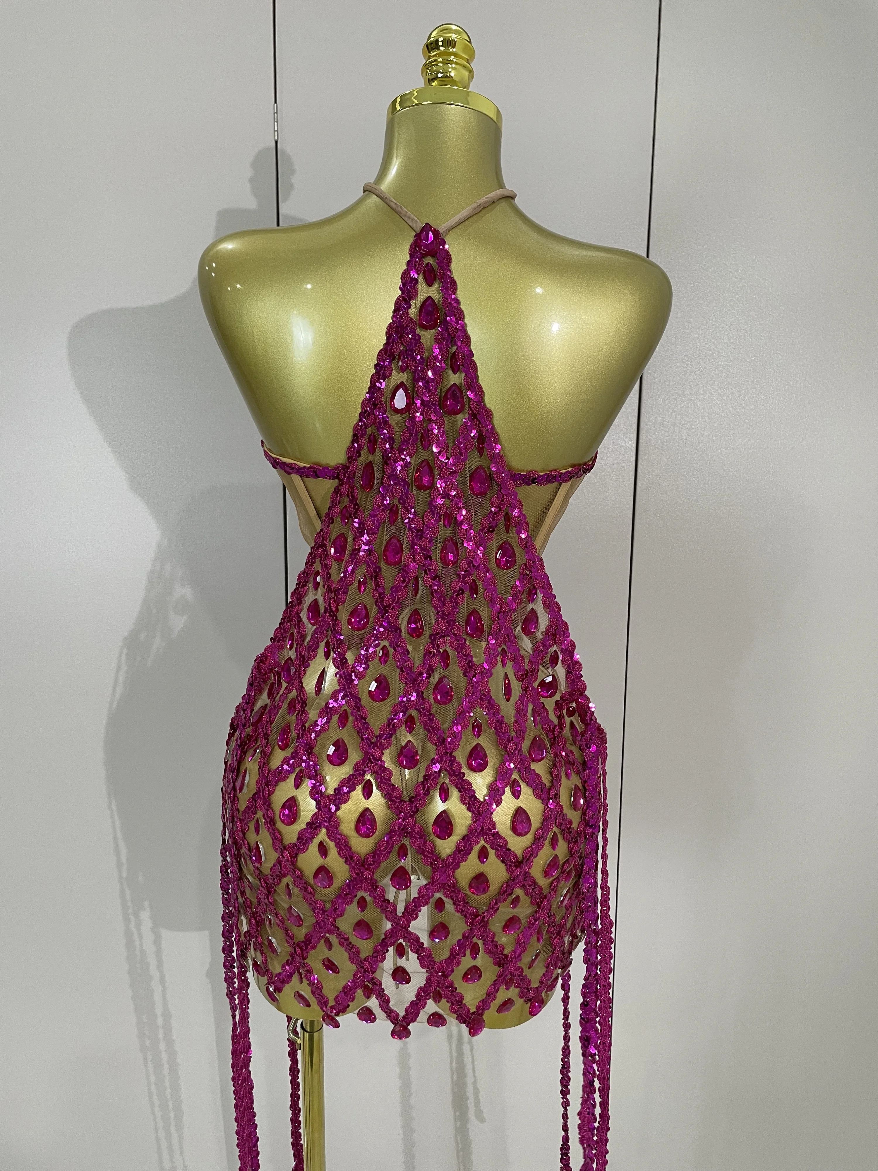 Sexy Sparkly Sequin Diamond Mesh Transparent Two Piece Set Women Celebrate Evening Party Birthday Dress Stage Photo Shoot Wear