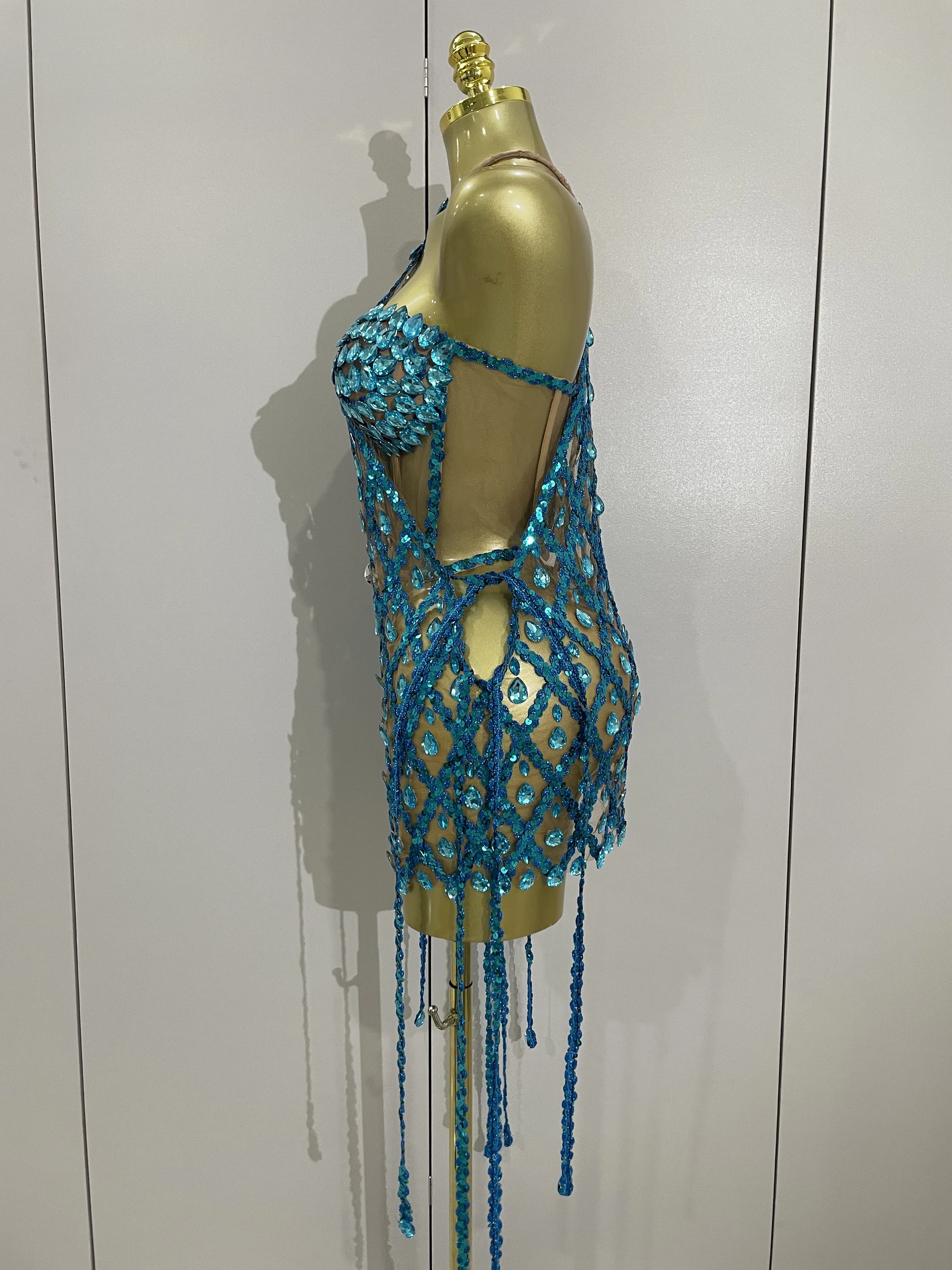 Sexy Sparkly Sequin Diamond Mesh Transparent Two Piece Set Women Celebrate Evening Party Birthday Dress Stage Photo Shoot Wear