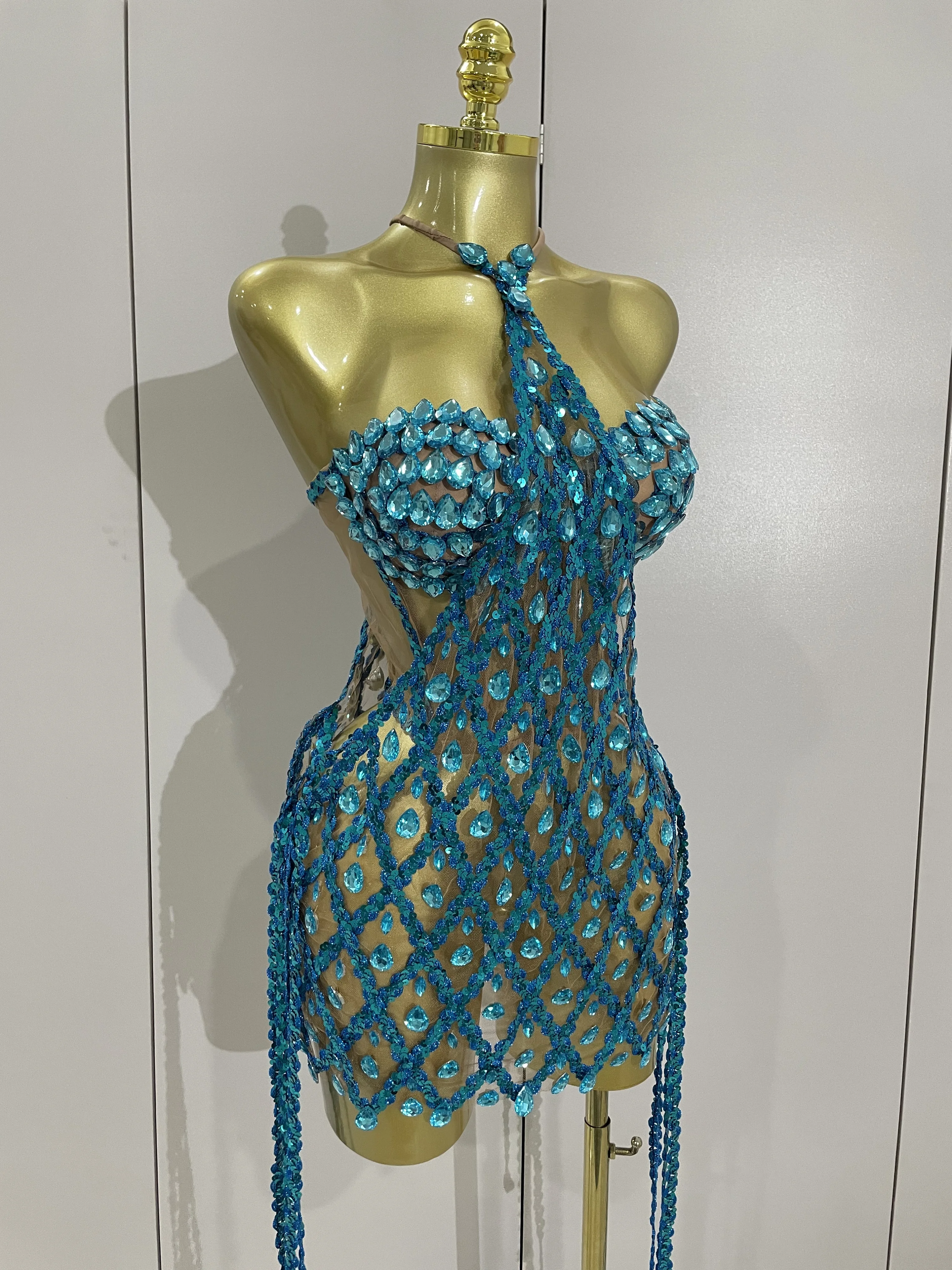 Sexy Sparkly Sequin Diamond Mesh Transparent Two Piece Set Women Celebrate Evening Party Birthday Dress Stage Photo Shoot Wear