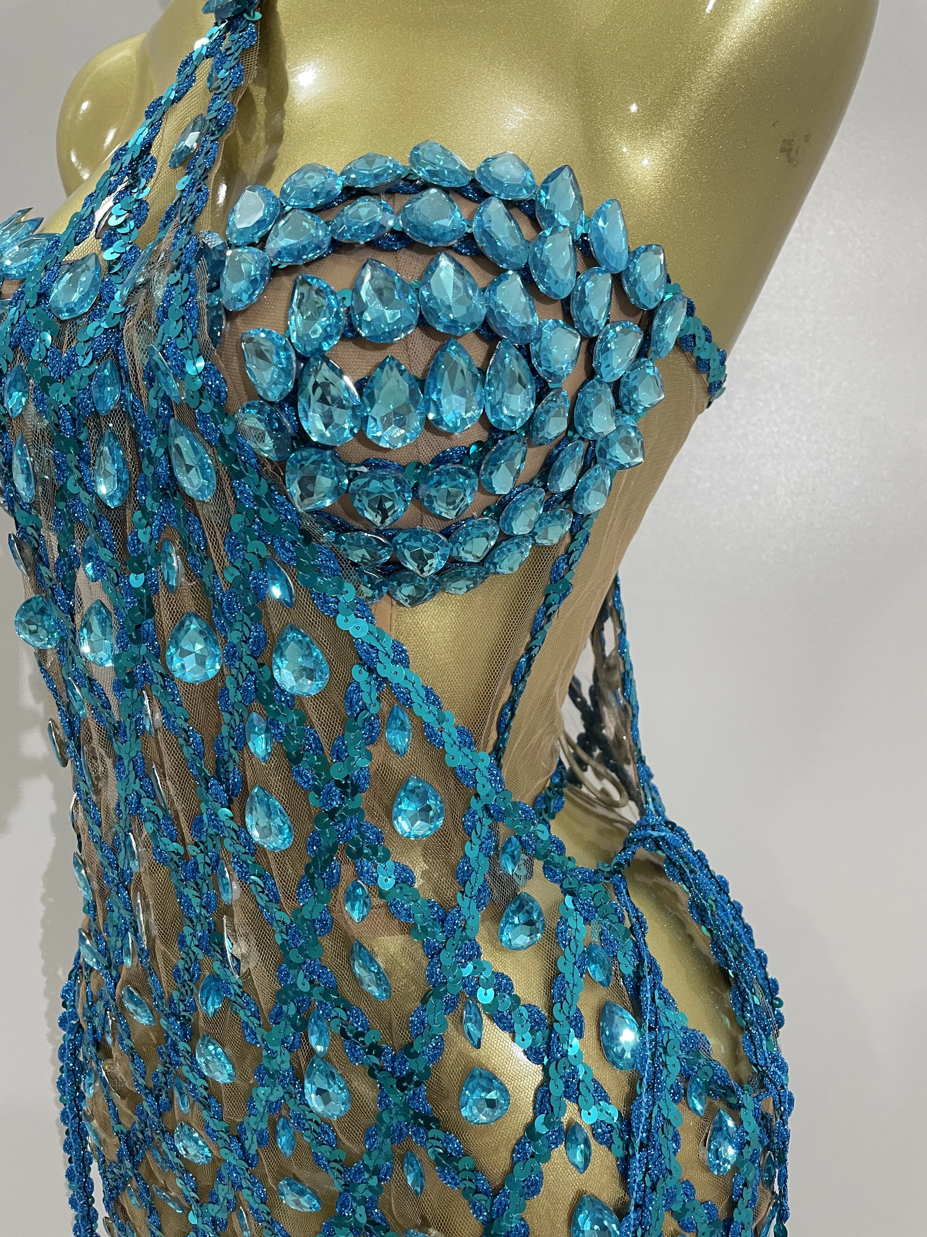 Sexy Sparkly Sequin Diamond Mesh Transparent Two Piece Set Women Celebrate Evening Party Birthday Dress Stage Photo Shoot Wear