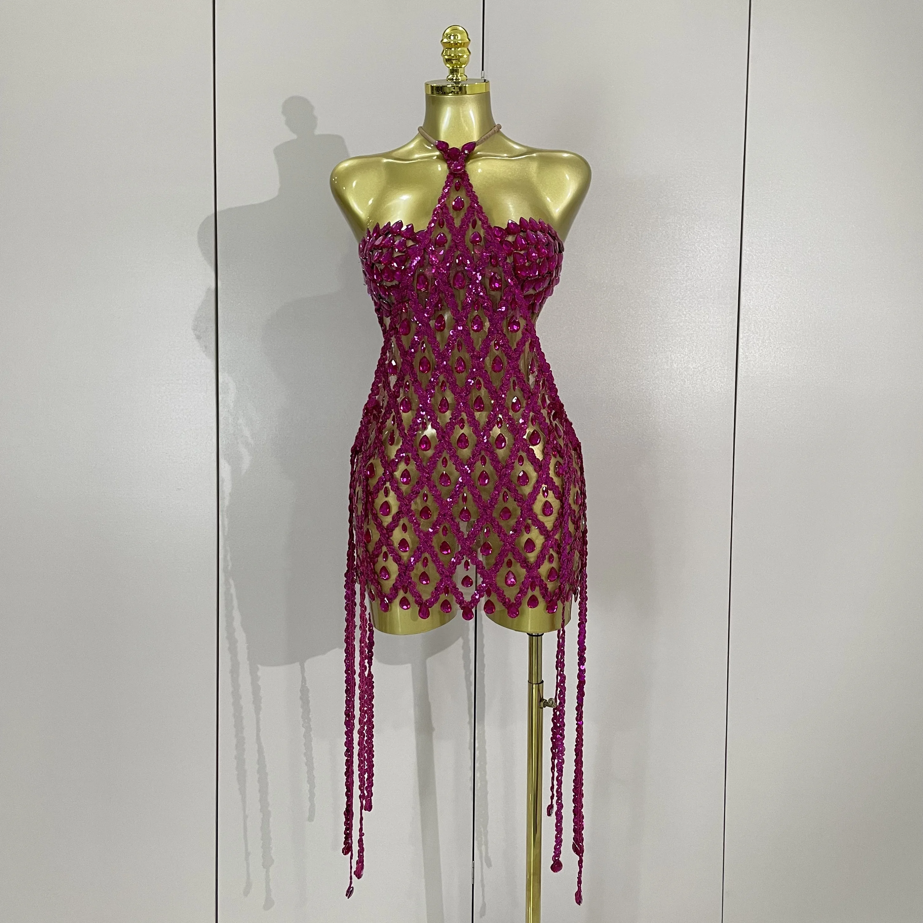 Sexy Sparkly Sequin Diamond Mesh Transparent Two Piece Set Women Celebrate Evening Party Birthday Dress Stage Photo Shoot Wear