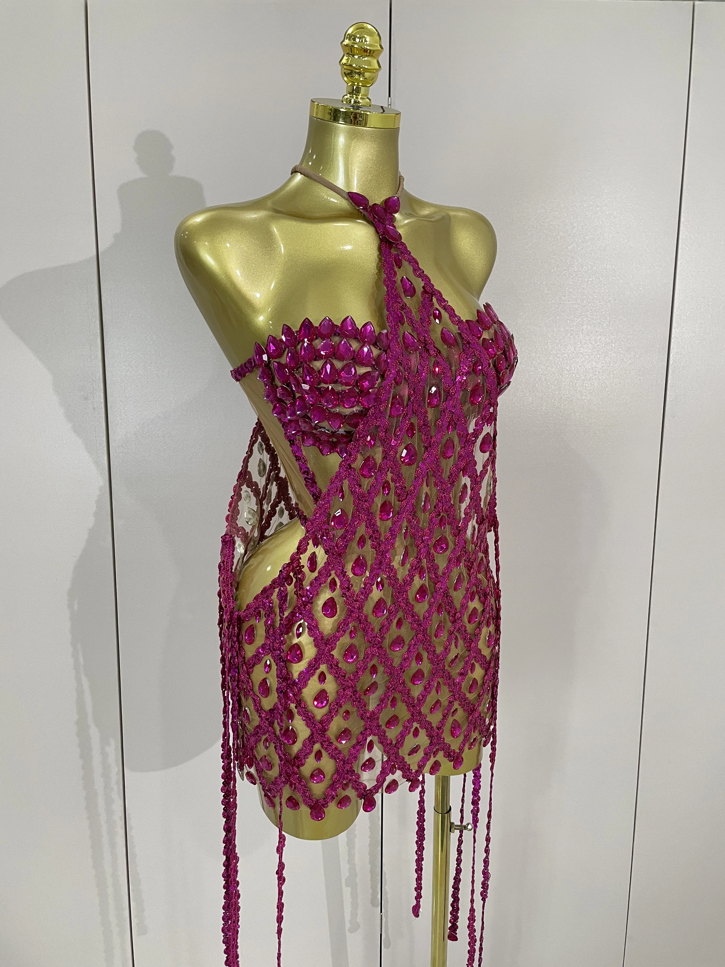 Sexy Sparkly Sequin Diamond Mesh Transparent Two Piece Set Women Celebrate Evening Party Birthday Dress Stage Photo Shoot Wear