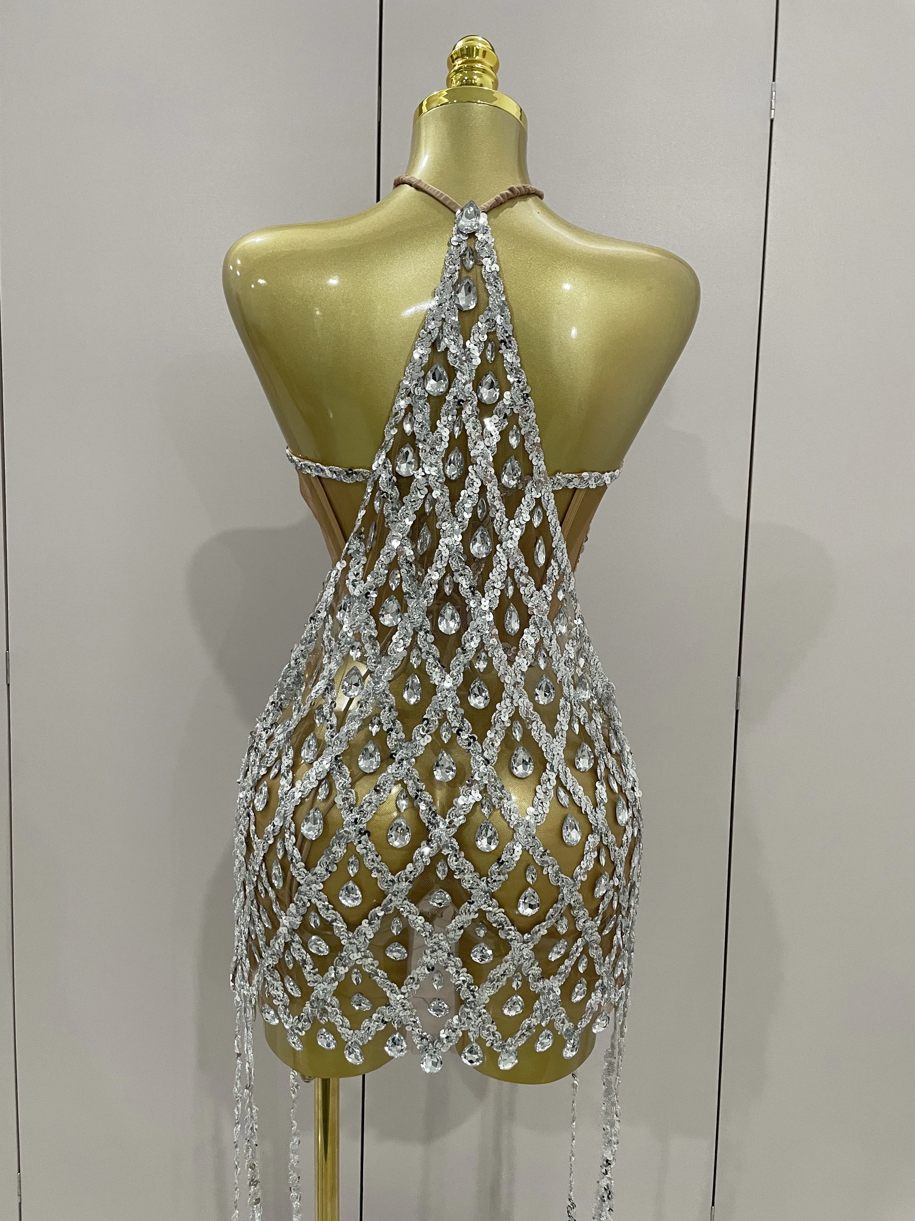 Sexy Sparkly Sequin Diamond Mesh Transparent Two Piece Set Women Celebrate Evening Party Birthday Dress Stage Photo Shoot Wear
