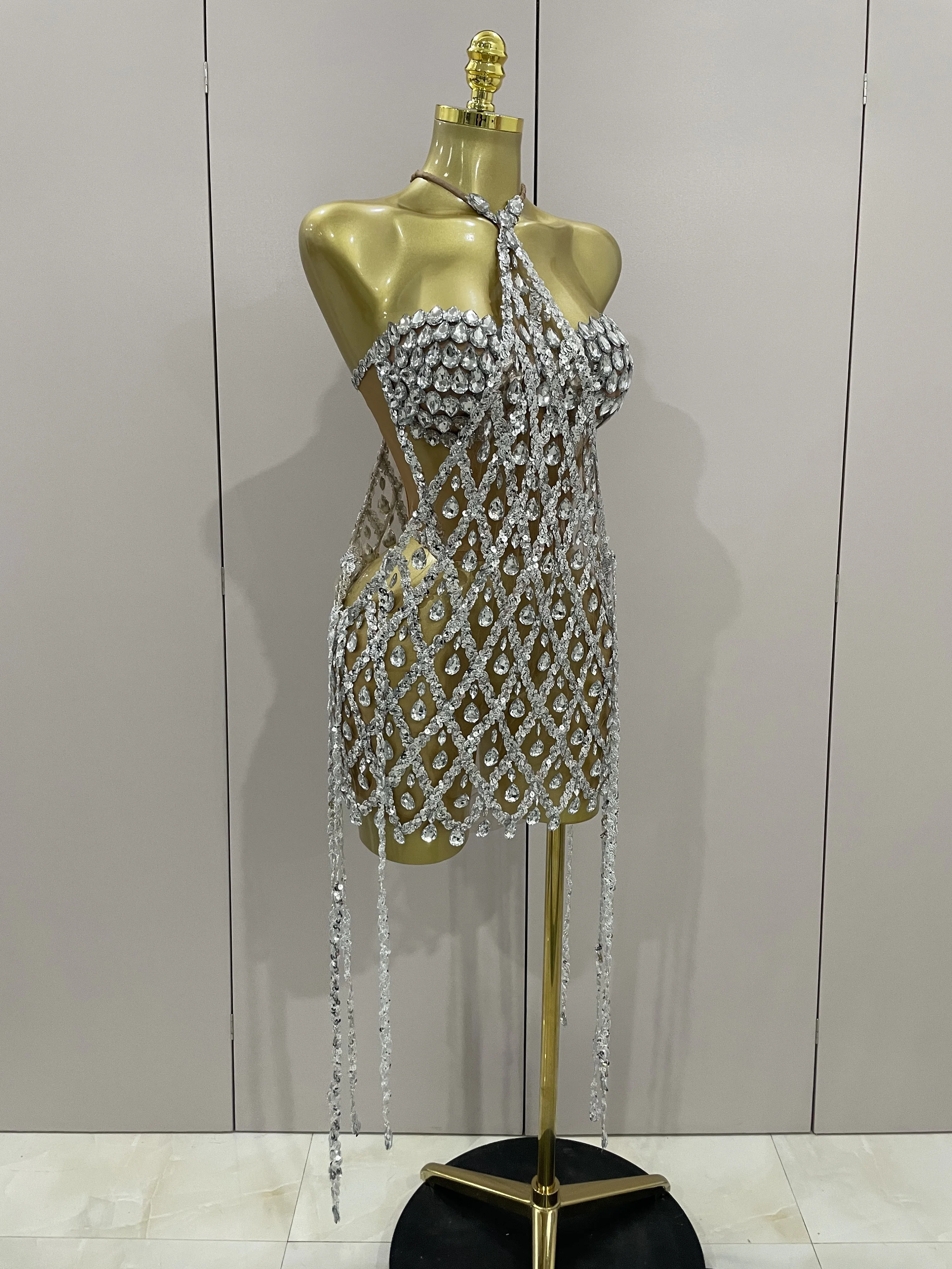 Sexy Sparkly Sequin Diamond Mesh Transparent Two Piece Set Women Celebrate Evening Party Birthday Dress Stage Photo Shoot Wear
