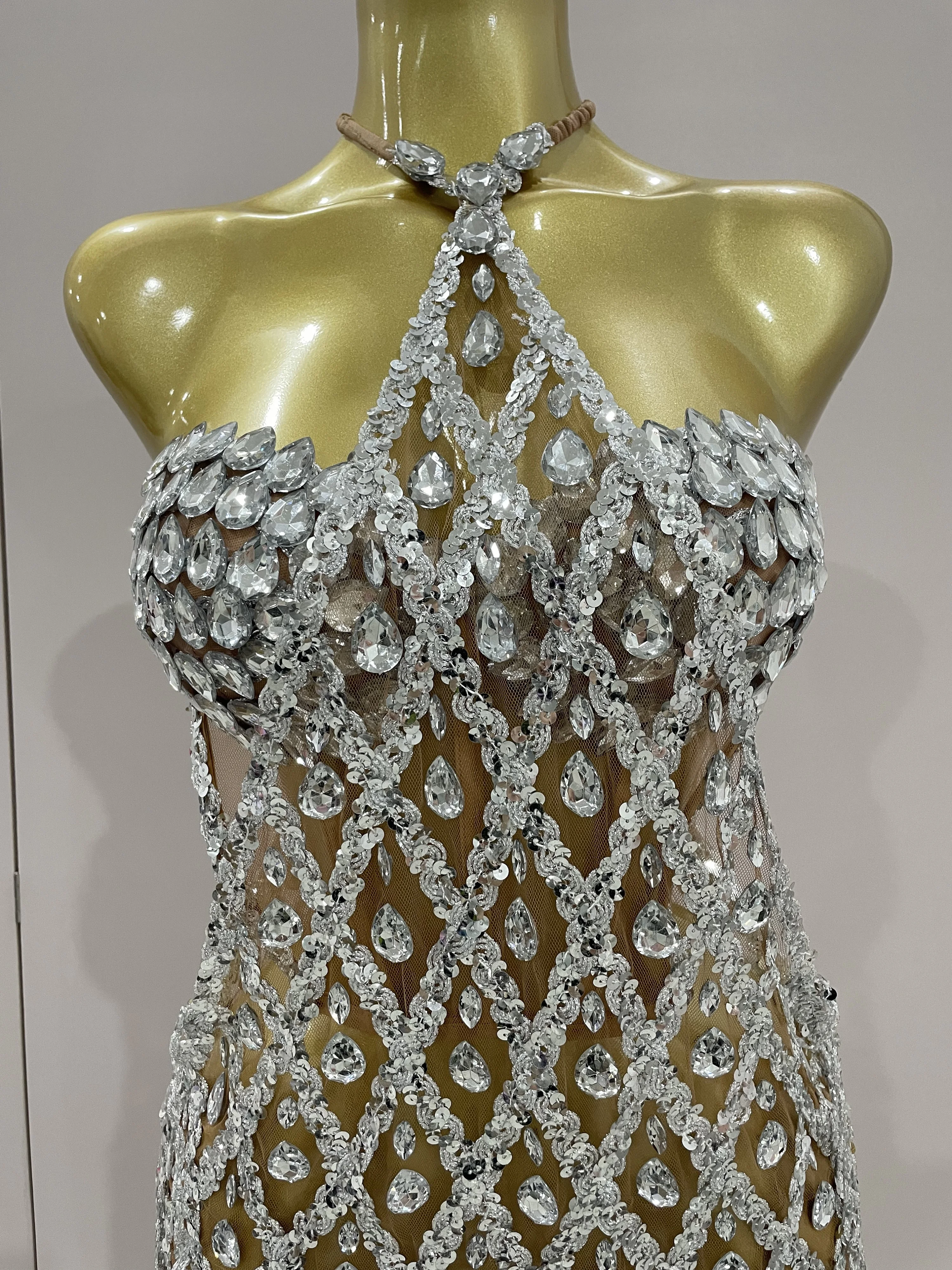 Sexy Sparkly Sequin Diamond Mesh Transparent Two Piece Set Women Celebrate Evening Party Birthday Dress Stage Photo Shoot Wear