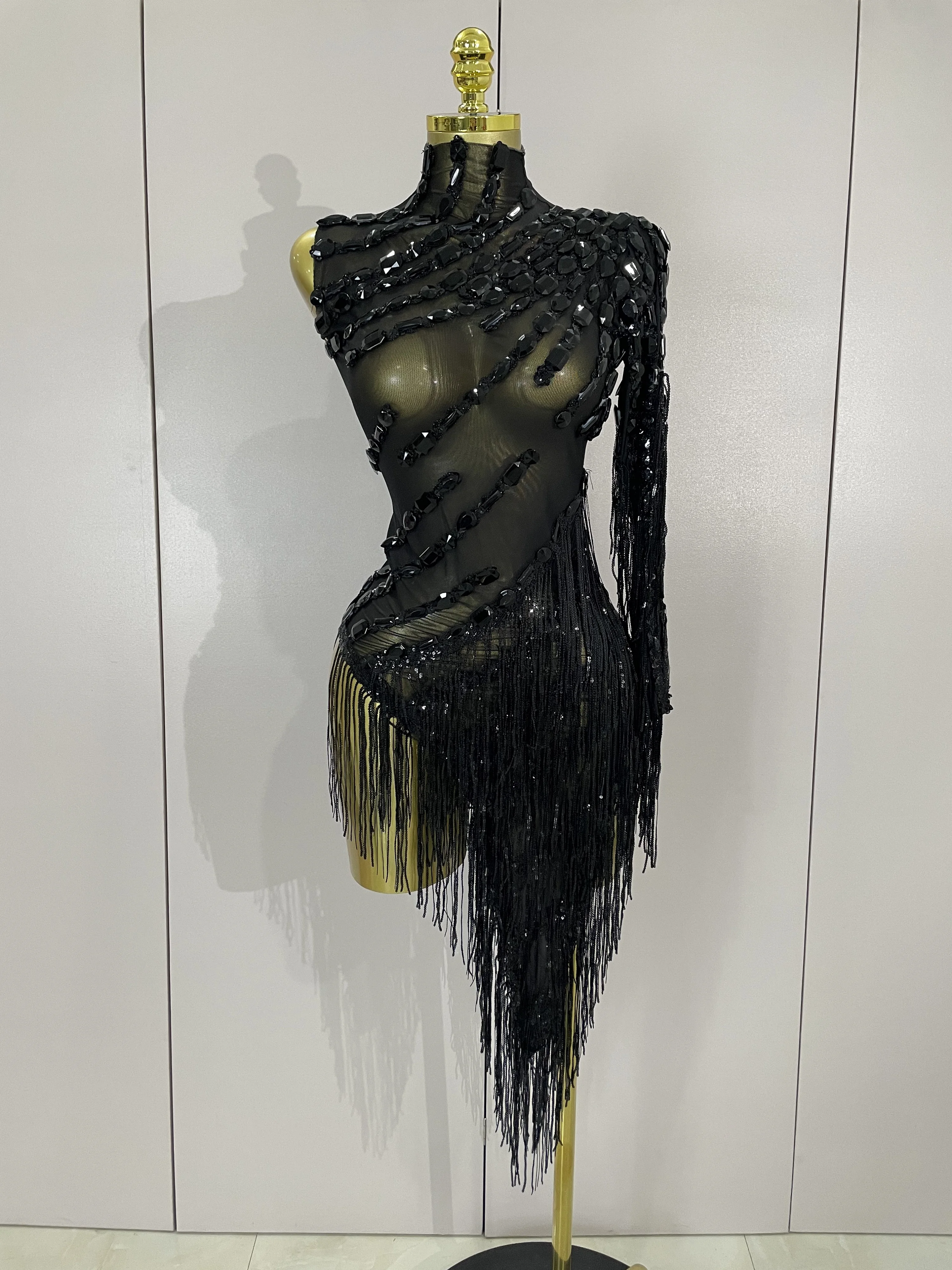 STOCK Sparkly Rhinestones Tassel Sexy See-Through Dress Women One Shoulder Latin Dance Outfits Bar Nightclub Party Stage Costume