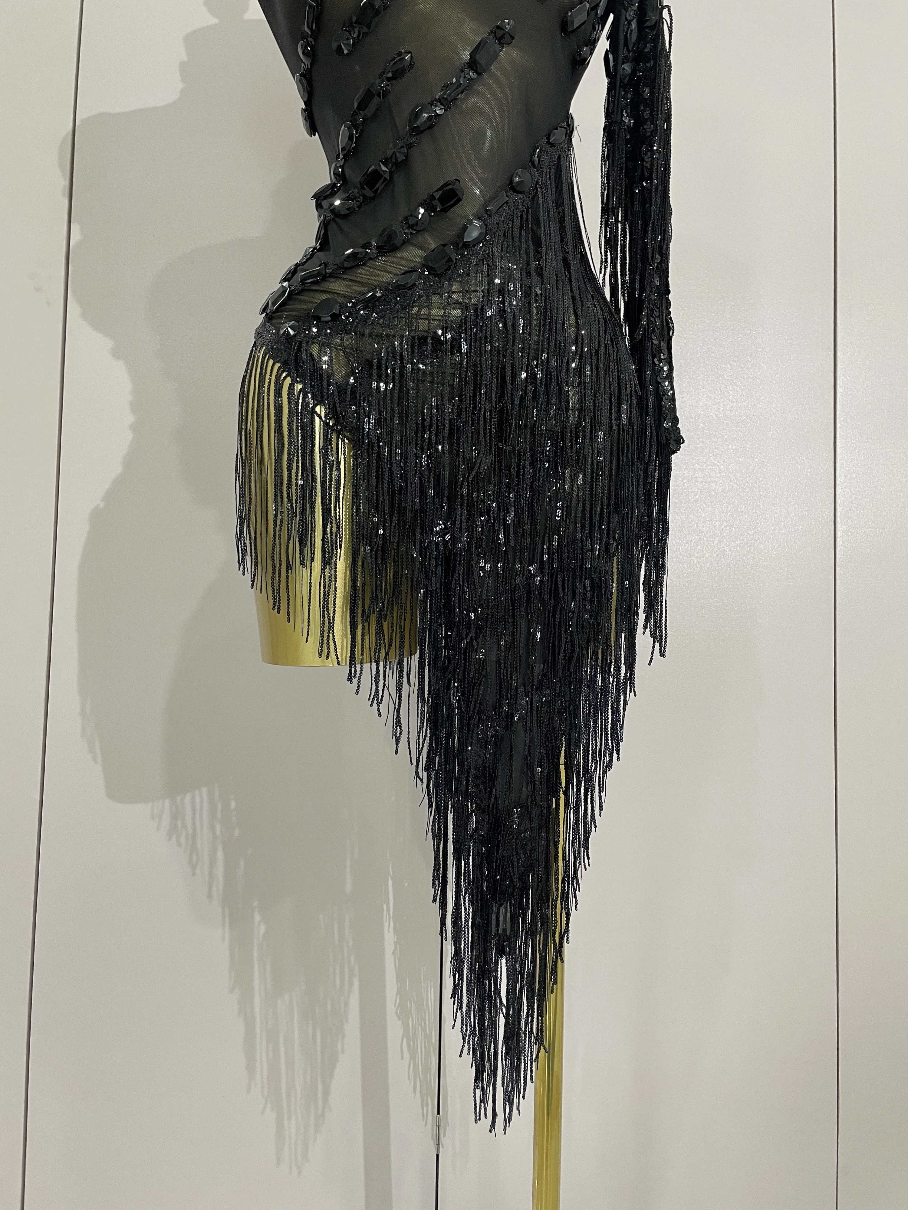 STOCK Sparkly Rhinestones Tassel Sexy See-Through Dress Women One Shoulder Latin Dance Outfits Bar Nightclub Party Stage Costume