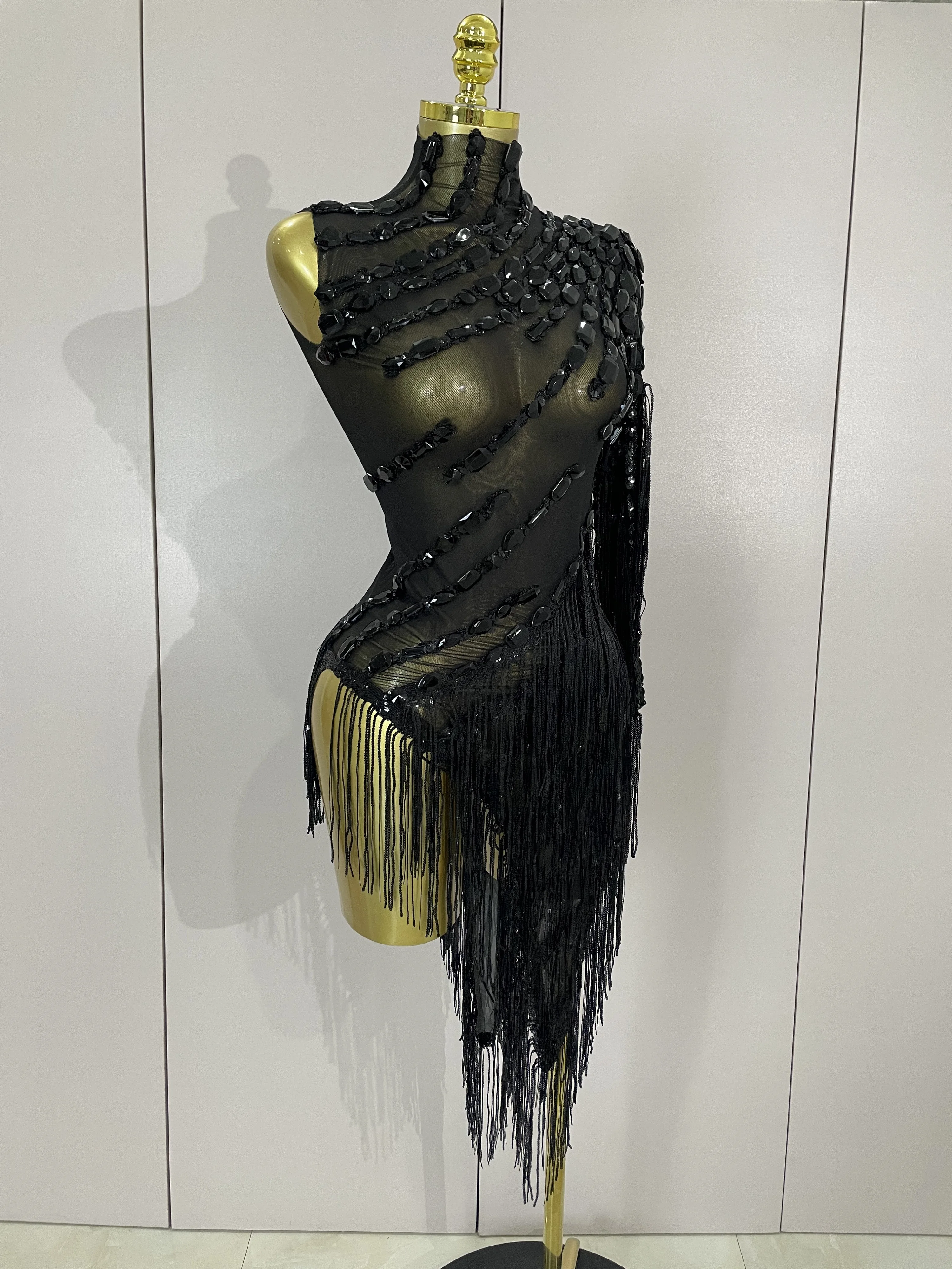 STOCK Sparkly Rhinestones Tassel Sexy See-Through Dress Women One Shoulder Latin Dance Outfits Bar Nightclub Party Stage Costume