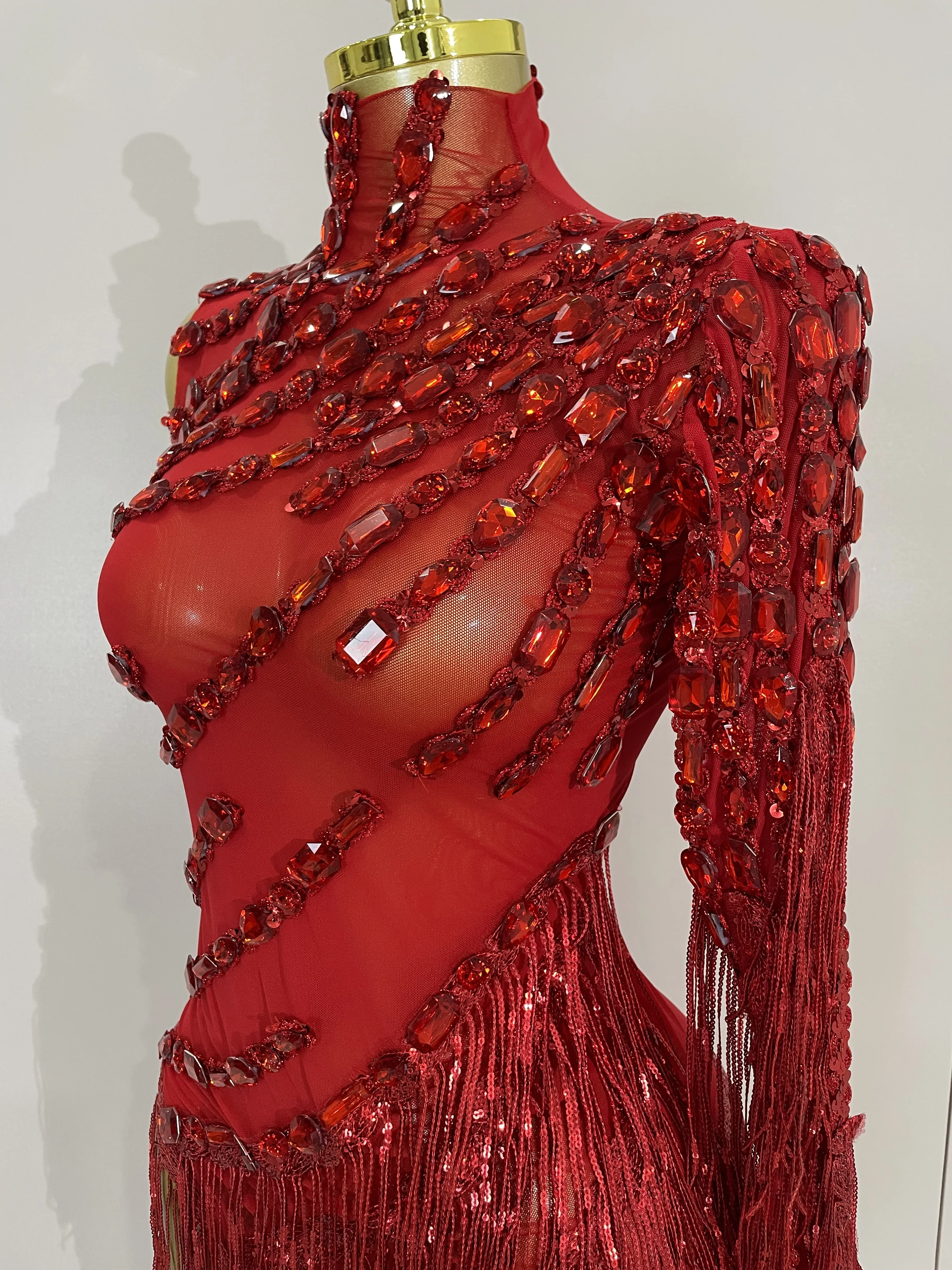 STOCK Sparkly Rhinestones Tassel Sexy See-Through Dress Women One Shoulder Latin Dance Outfits Bar Nightclub Party Stage Costume