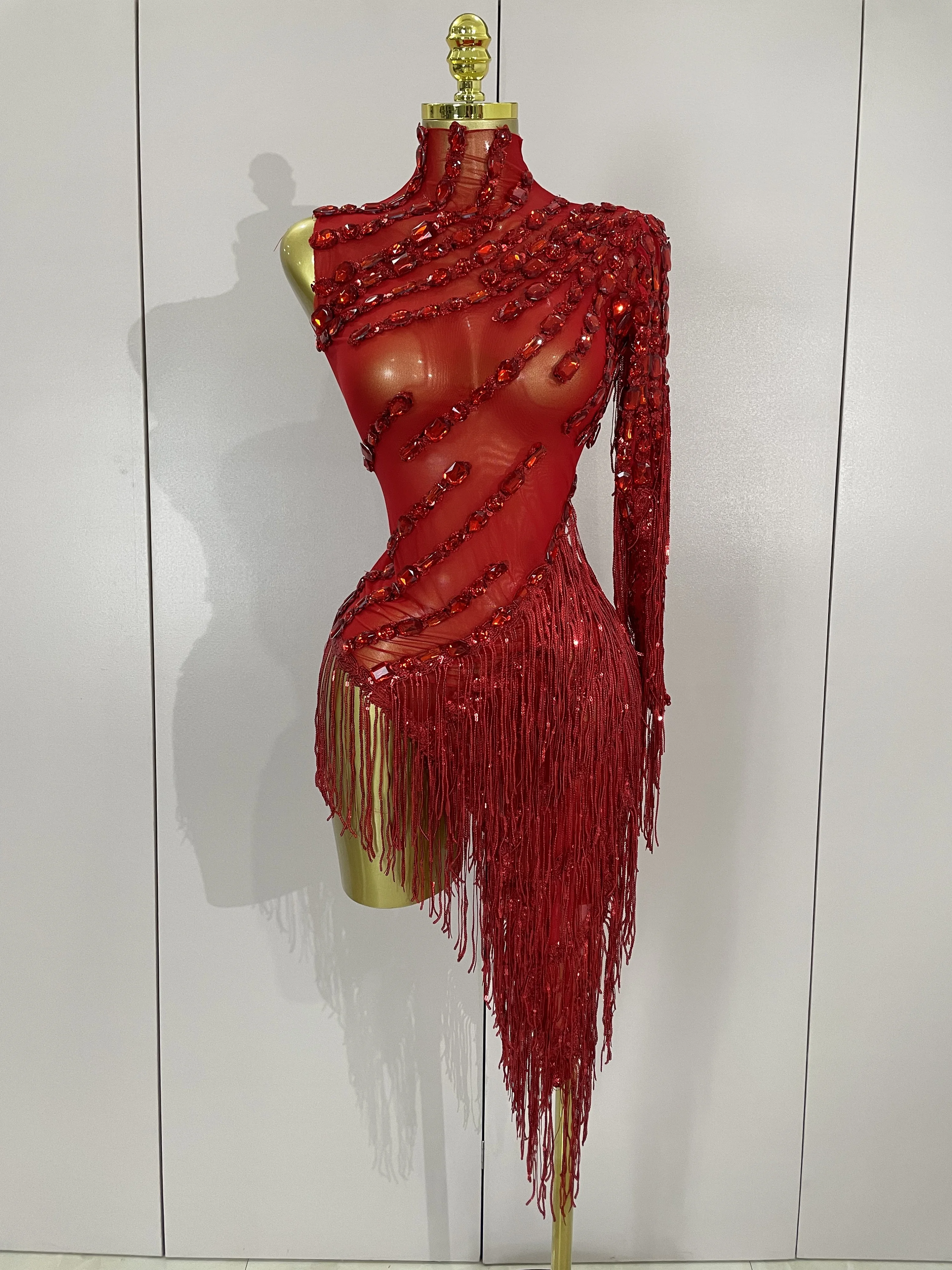 STOCK Sparkly Rhinestones Tassel Sexy See-Through Dress Women One Shoulder Latin Dance Outfits Bar Nightclub Party Stage Costume
