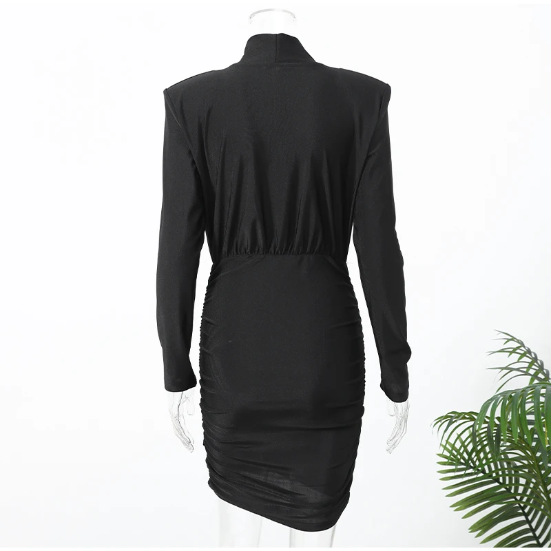 Women Black Pleated Shoulder Pad Dress Fashion Full Sleeve High Collar Slim Mini Dresses 2025 Lady Daily Commute Elegant Gowns