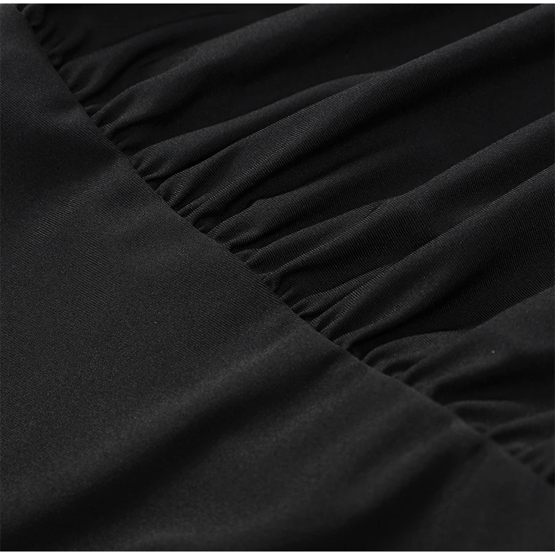 Women Black Pleated Shoulder Pad Dress Fashion Full Sleeve High Collar Slim Mini Dresses 2025 Lady Daily Commute Elegant Gowns