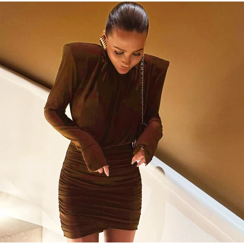 Women Black Pleated Shoulder Pad Dress Fashion Full Sleeve High Collar Slim Mini Dresses 2025 Lady Daily Commute Elegant Gowns