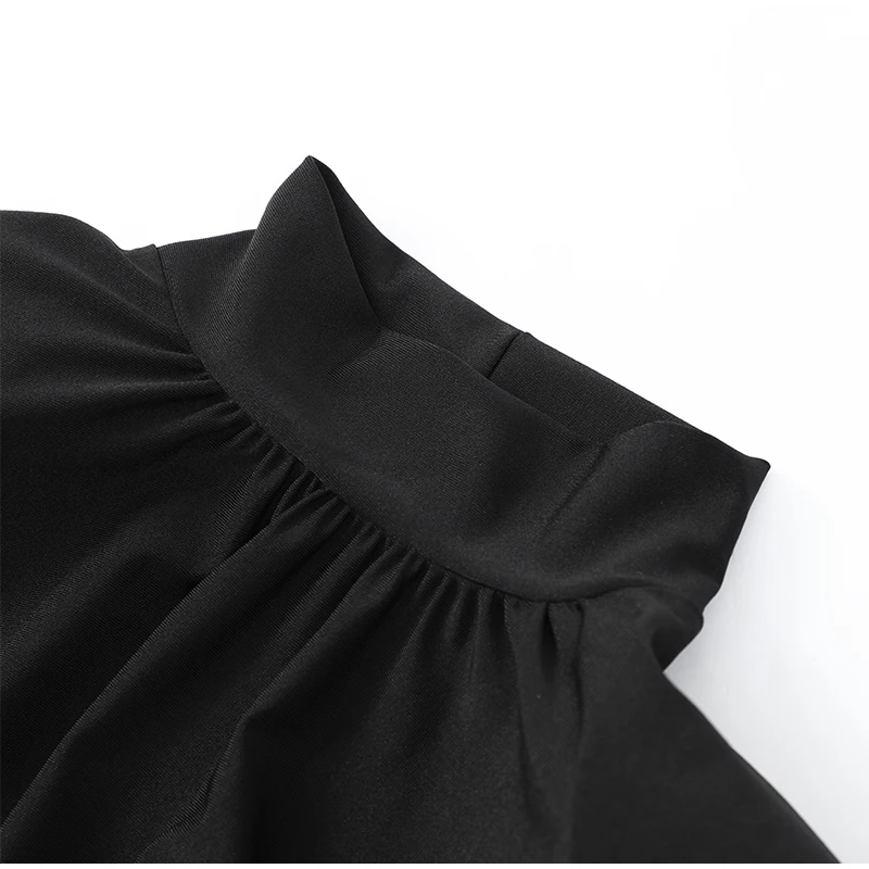 Women Black Pleated Shoulder Pad Dress Fashion Full Sleeve High Collar Slim Mini Dresses 2025 Lady Daily Commute Elegant Gowns