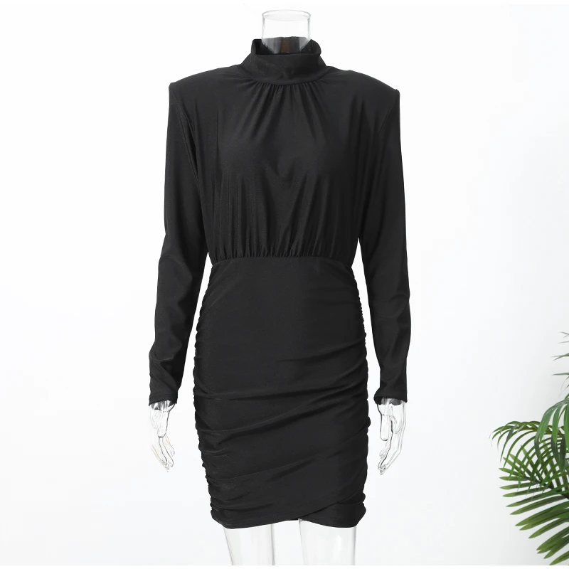Women Black Pleated Shoulder Pad Dress Fashion Full Sleeve High Collar Slim Mini Dresses 2025 Lady Daily Commute Elegant Gowns