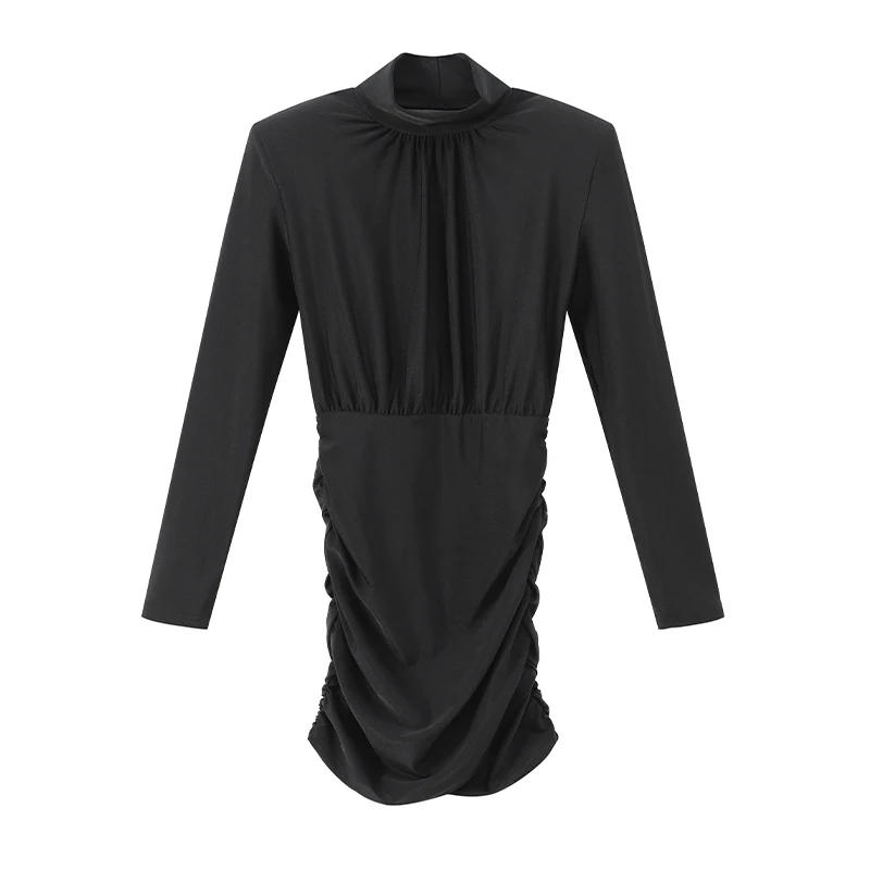 Women Black Pleated Shoulder Pad Dress Fashion Full Sleeve High Collar Slim Mini Dresses 2025 Lady Daily Commute Elegant Gowns
