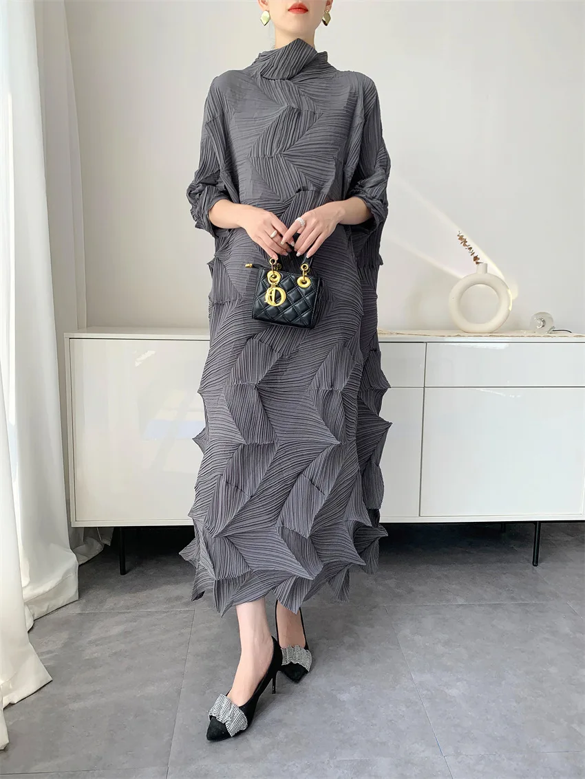 LANMREM Pleated Long Dress For Women Elastic Loose Irregular Pleated Stand Collar Pullover Famale Clothing Half Sleeve 2DB4256